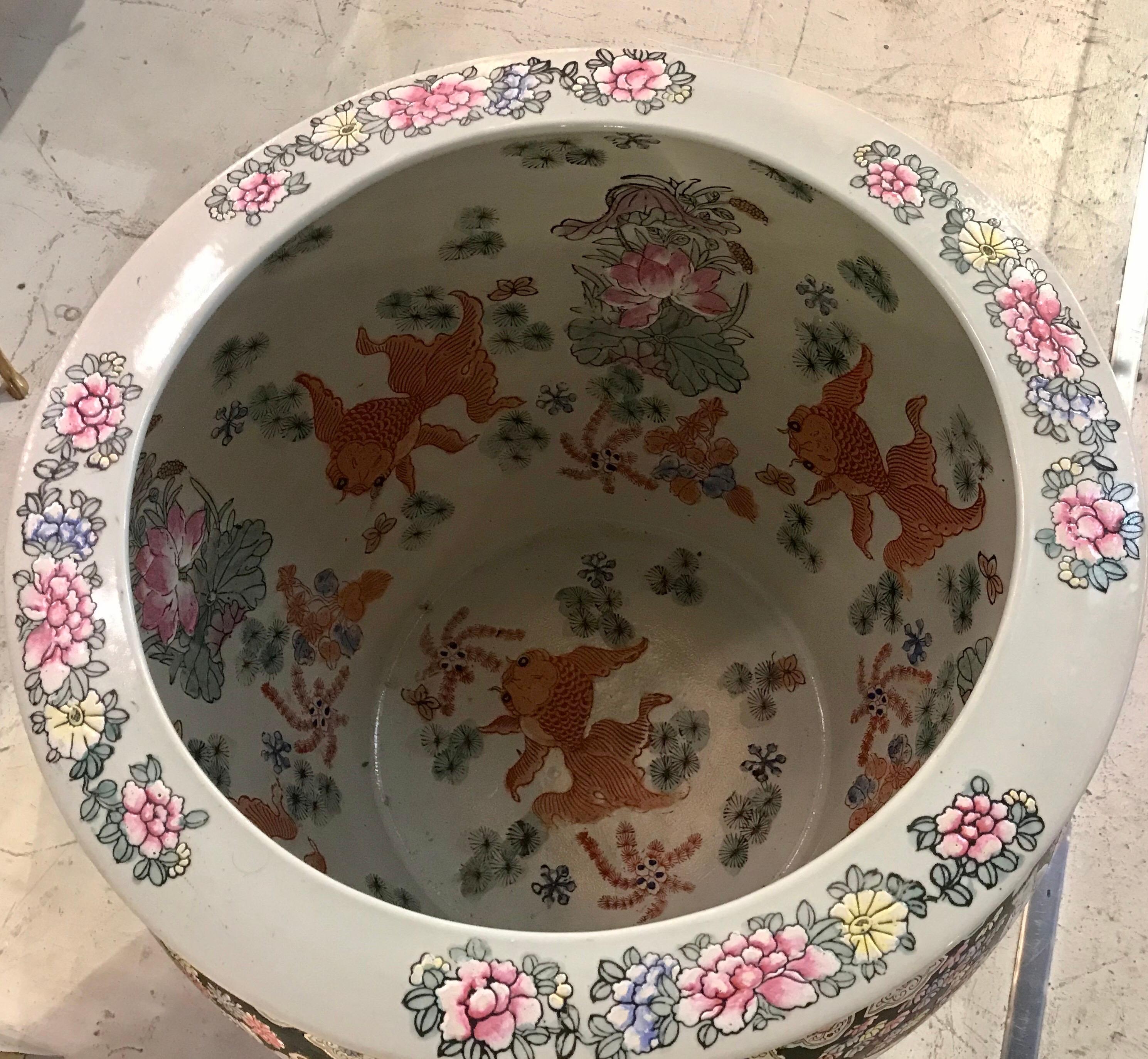 Ceramic Oversized Chinoiserie Jardinière with Koi Fish Interior