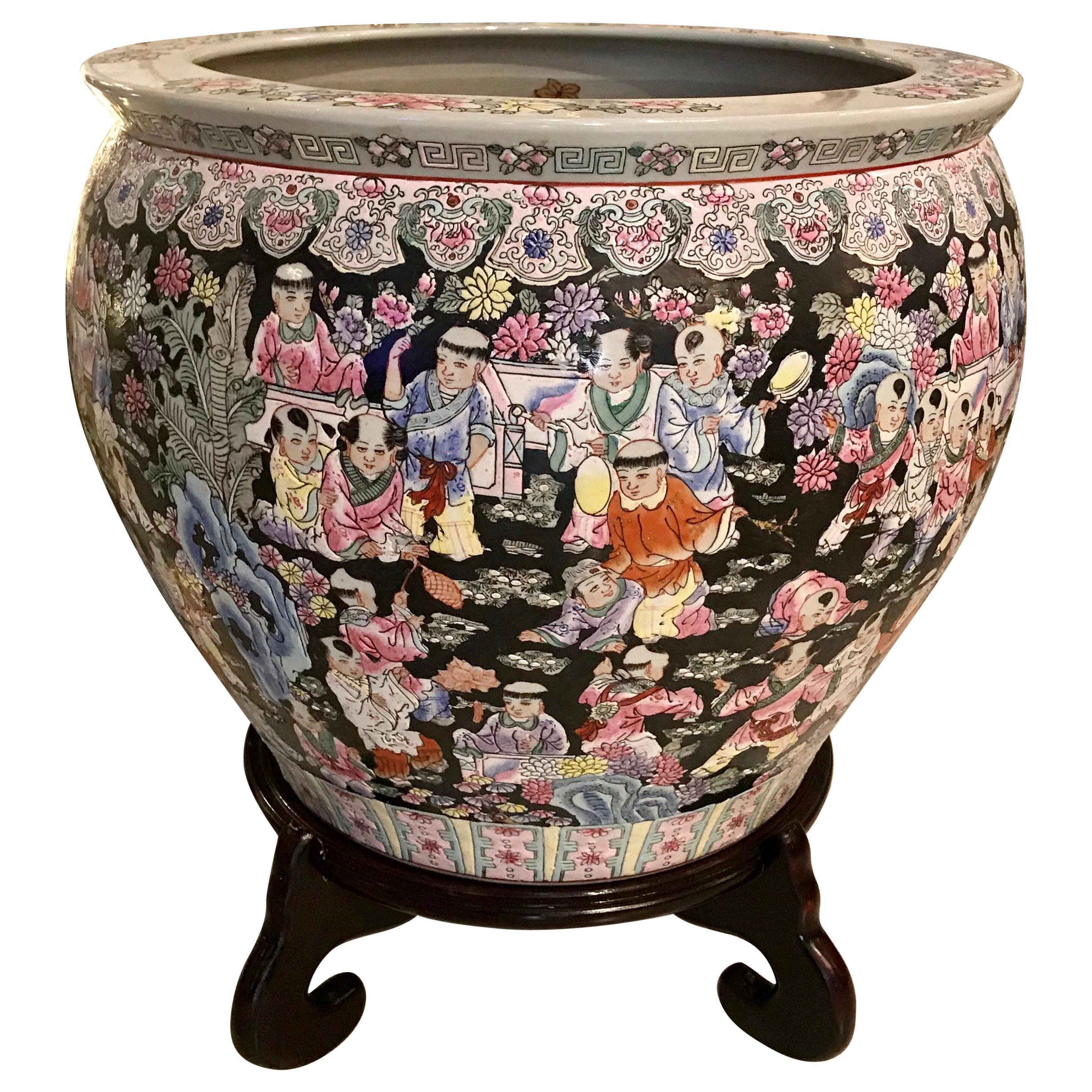 Oversized Chinoiserie Jardinière with Koi Fish Interior