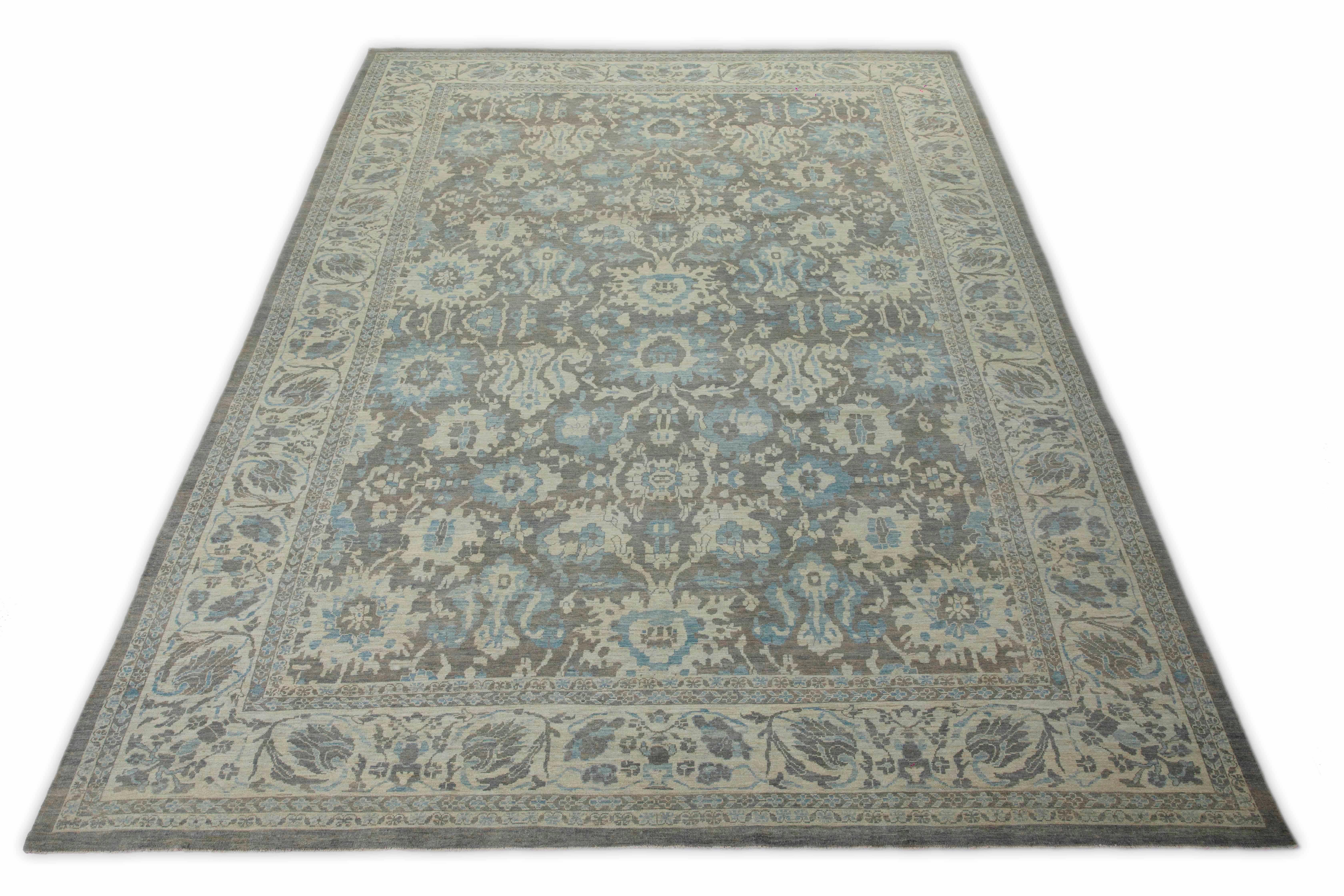 Oversized Turkish Style Sultanabad Rug with Blue and Ivory Floral Details In New Condition For Sale In Dallas, TX