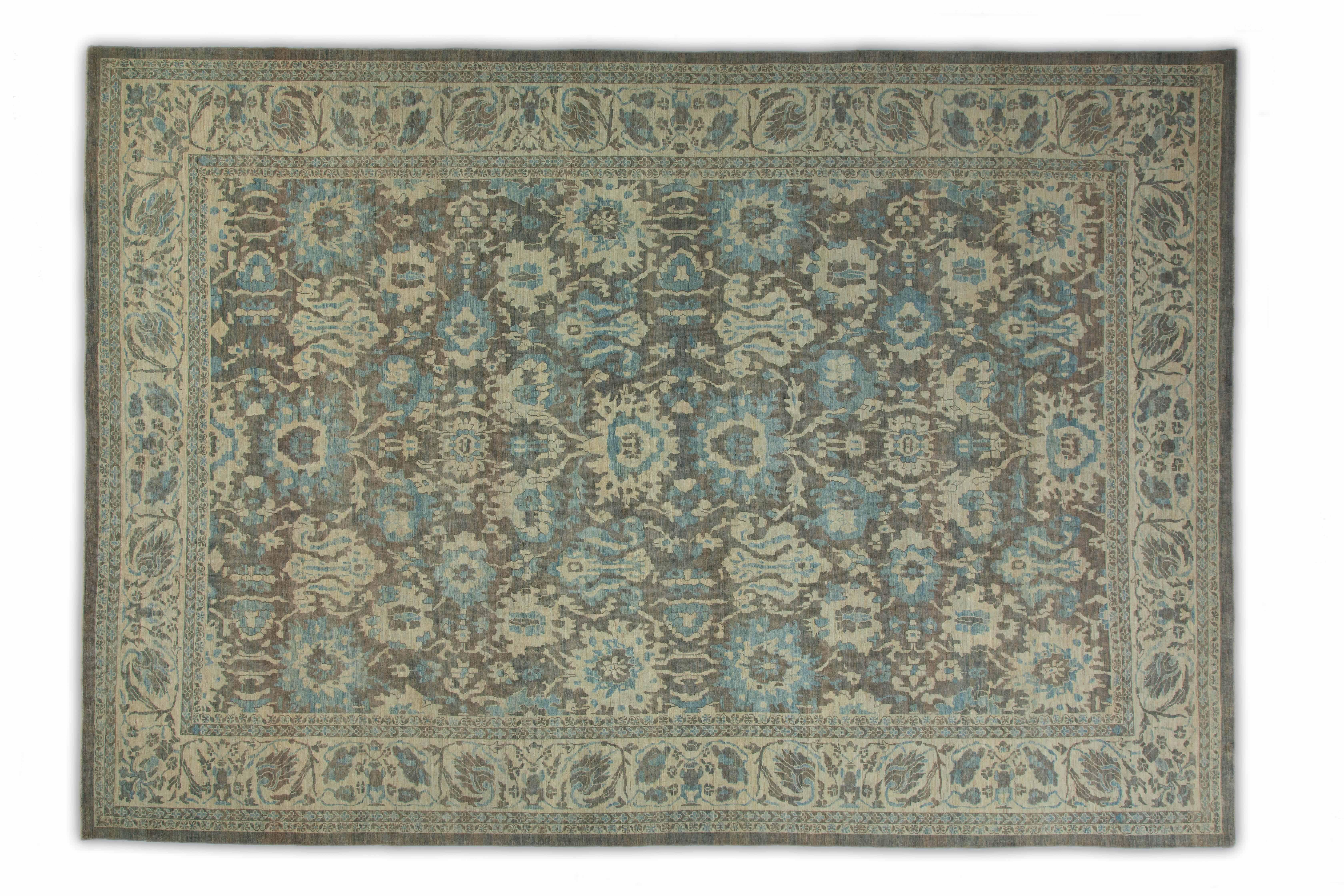 Oversized Turkish Style Sultanabad Rug with Blue and Ivory Floral Details For Sale 1