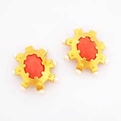 Oversized Coral Cabochon & Pearl Statement Earrings By Karl Lagerfeld, 1980s