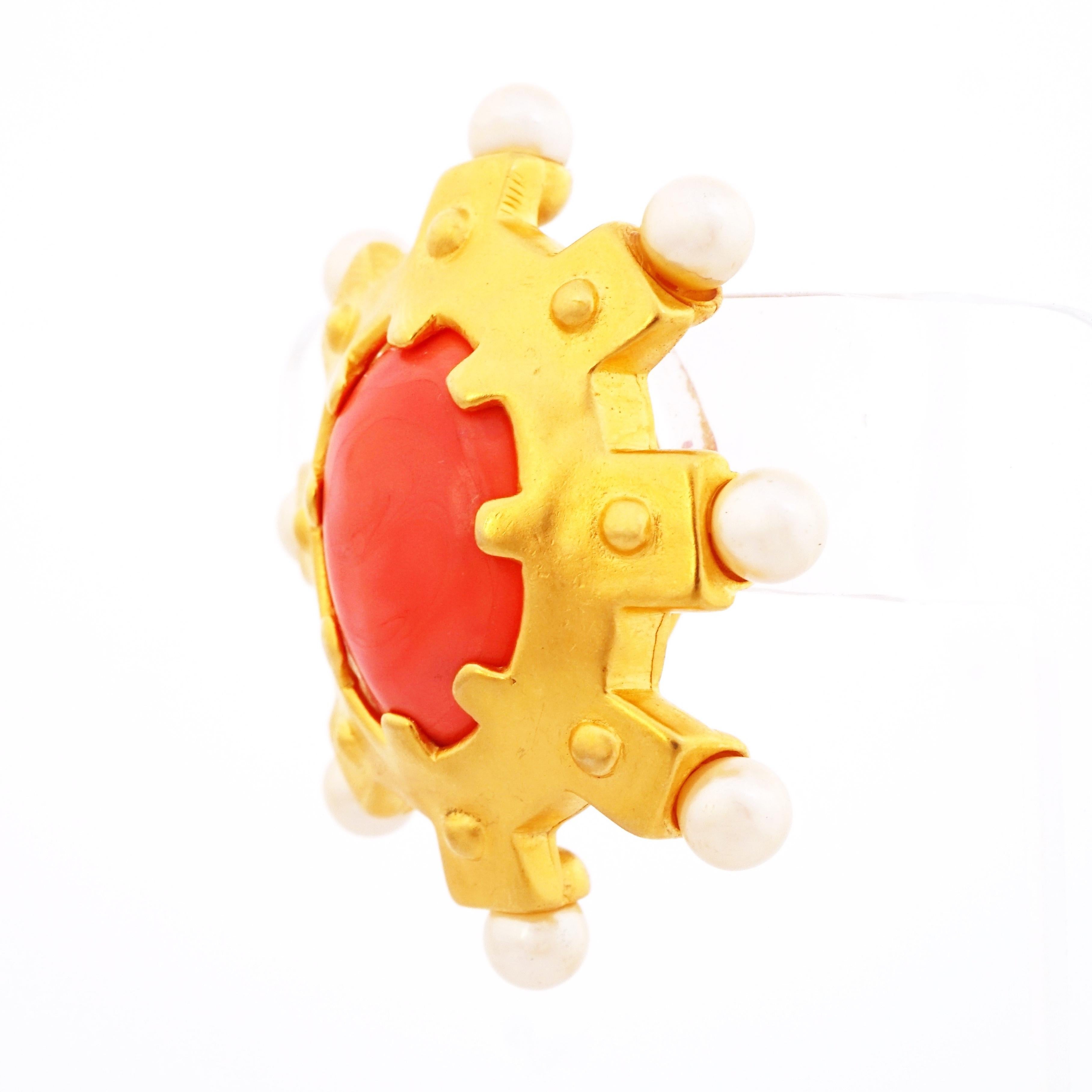 Modern Oversized Coral Cabochon & Pearl Statement Earrings By Karl Lagerfeld, 1980s For Sale