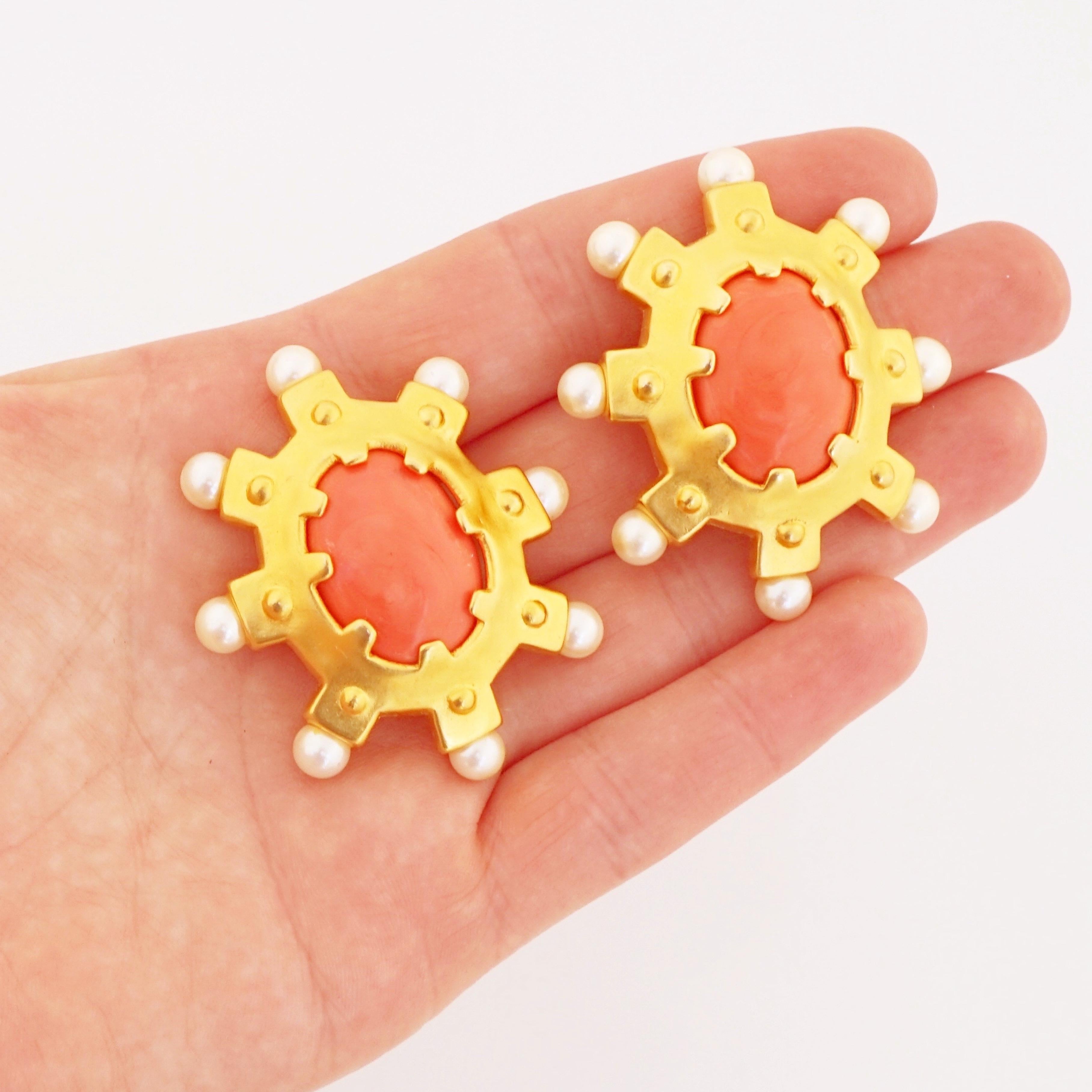 Oversized Coral Cabochon & Pearl Statement Earrings By Karl Lagerfeld, 1980s For Sale 1