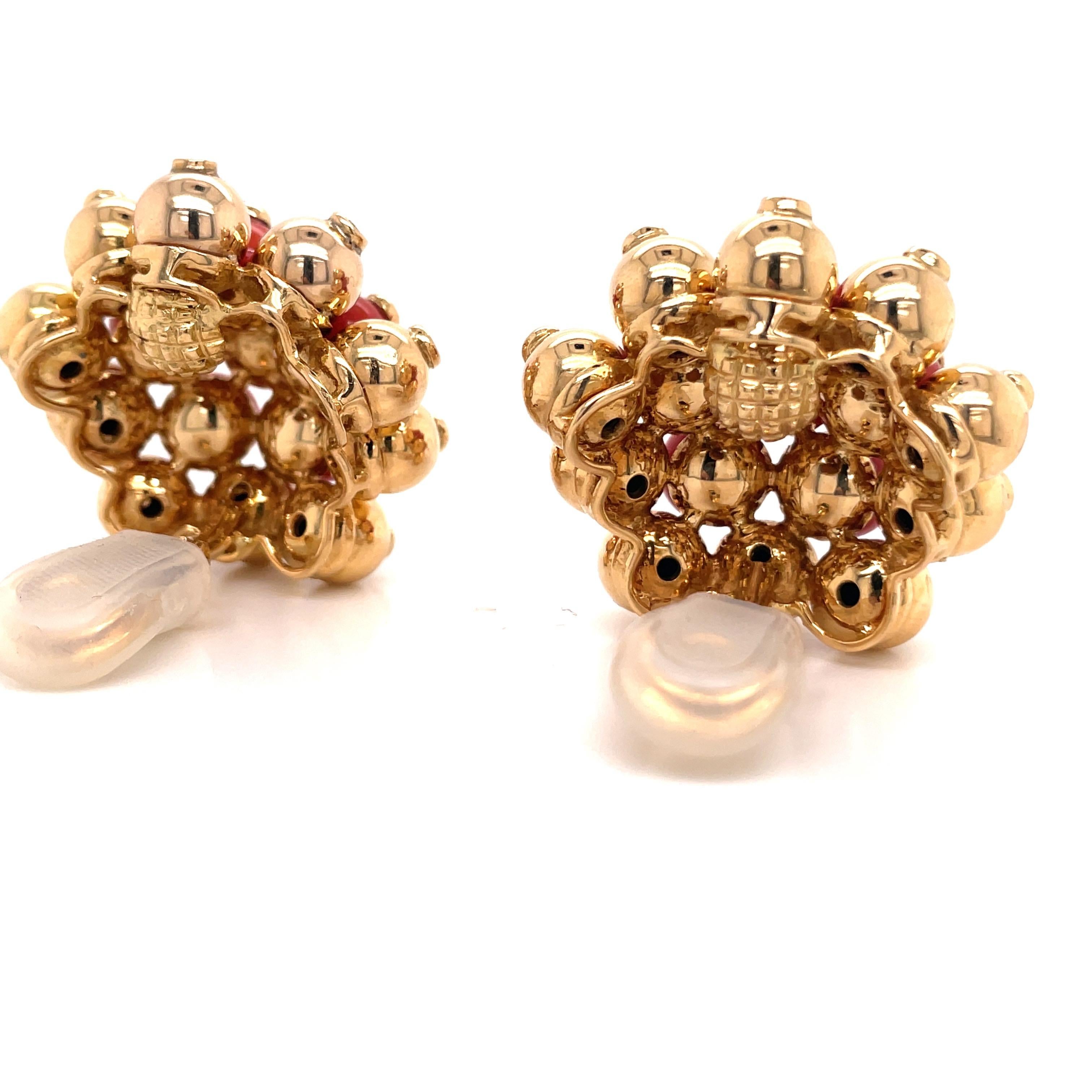 Oversized Coral Diamond Gold Bead Earrings 18 Karat Yellow Gold 53.1 Grams For Sale 2