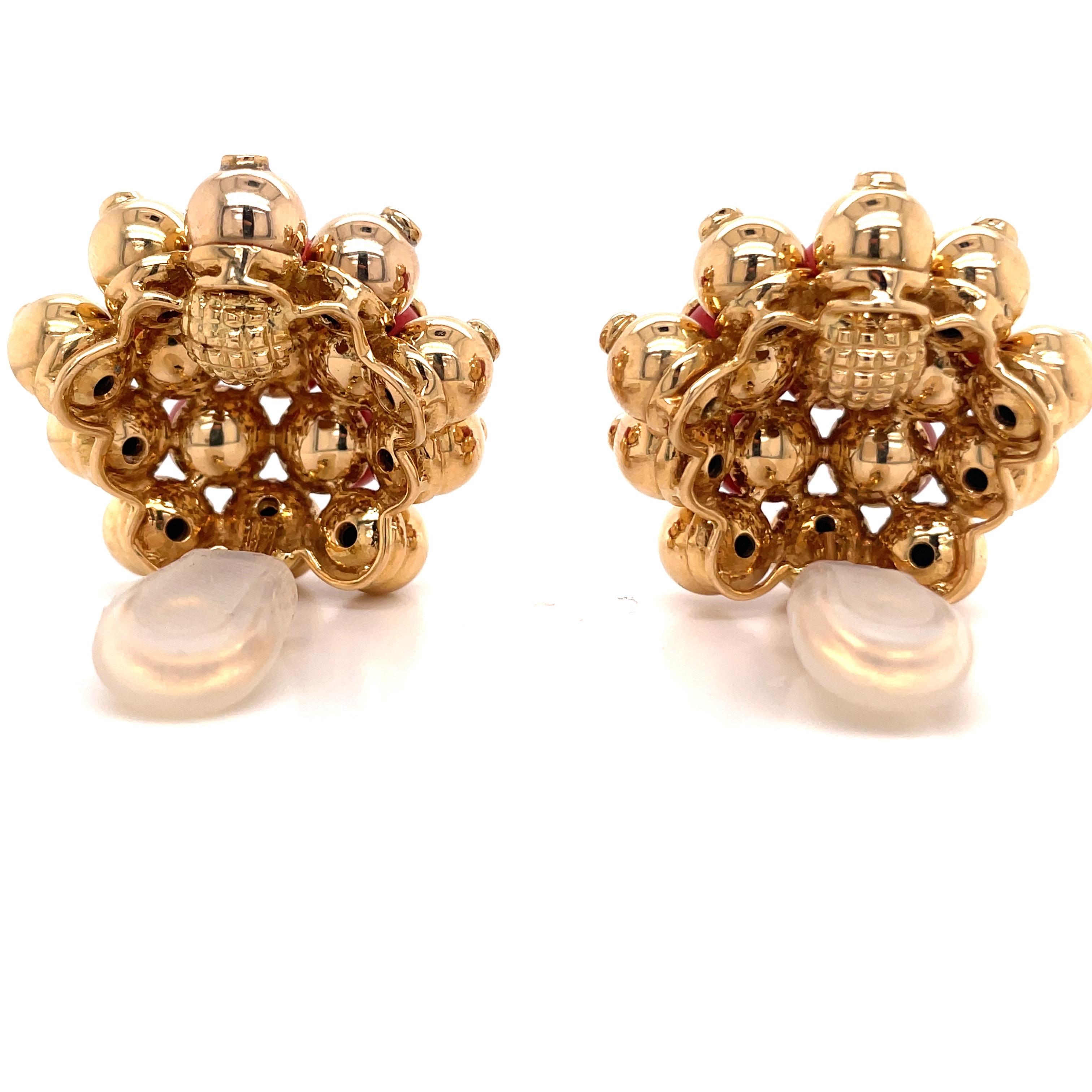 Oversized Coral Diamond Gold Bead Earrings 18 Karat Yellow Gold 53.1 Grams For Sale 3