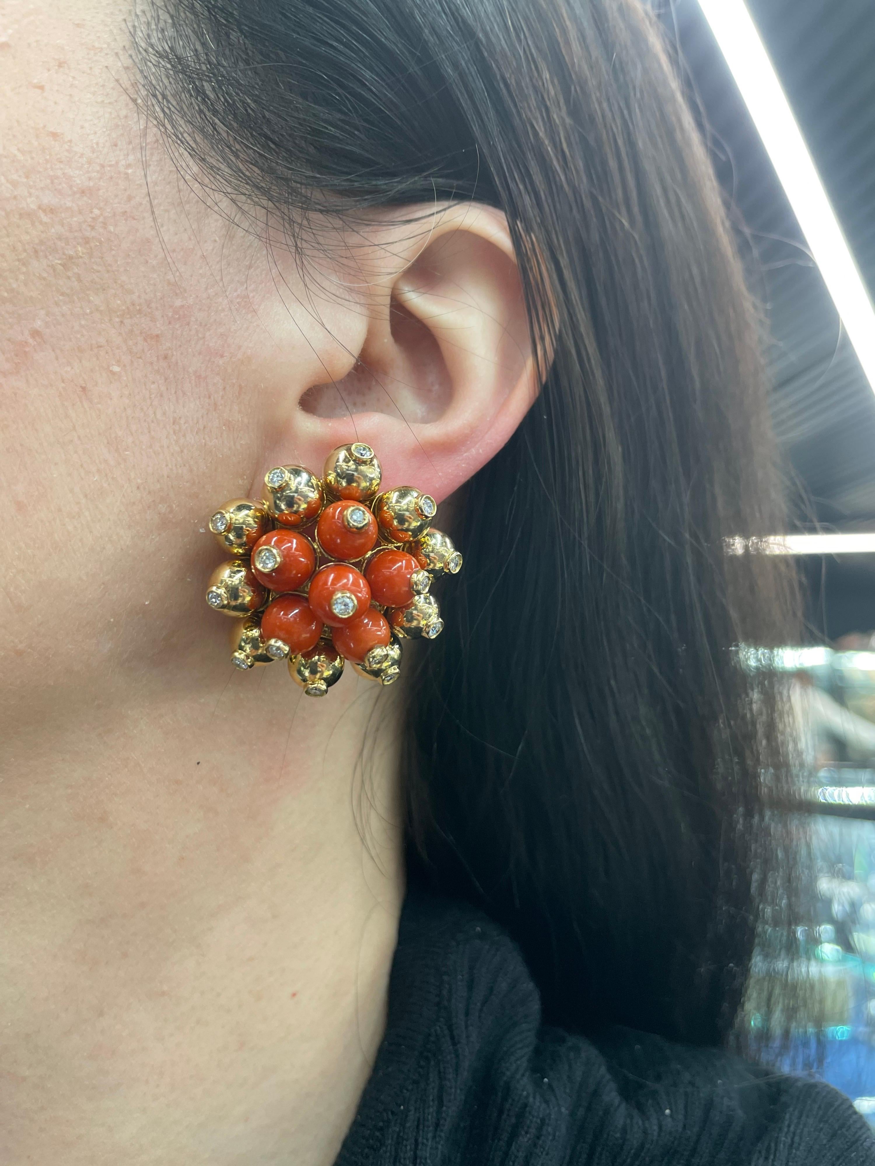 Oversized Coral Diamond Gold Bead Earrings 18 Karat Yellow Gold 53.1 Grams For Sale 5