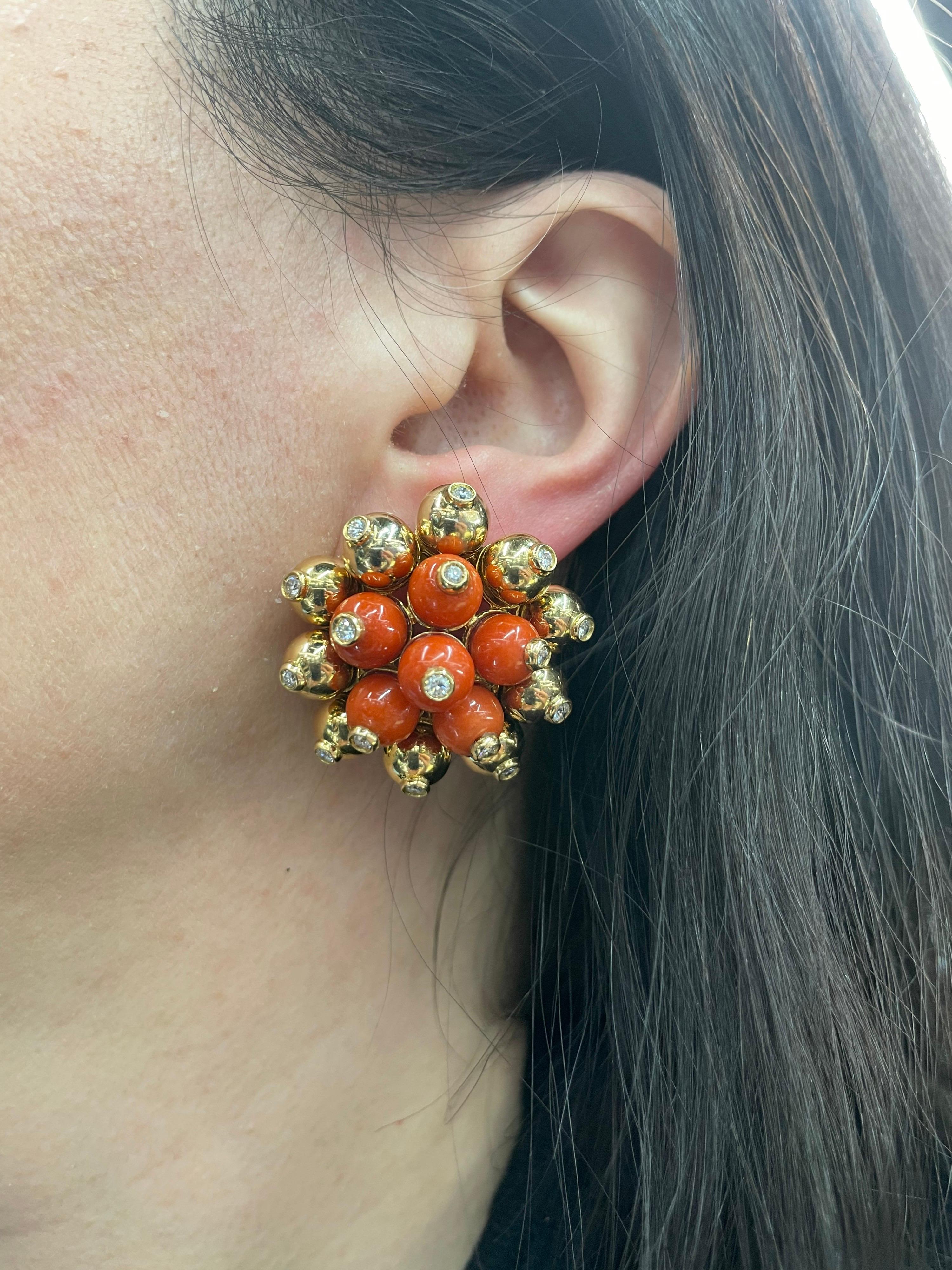 Oversized Coral Diamond Gold Bead Earrings 18 Karat Yellow Gold 53.1 Grams For Sale 6