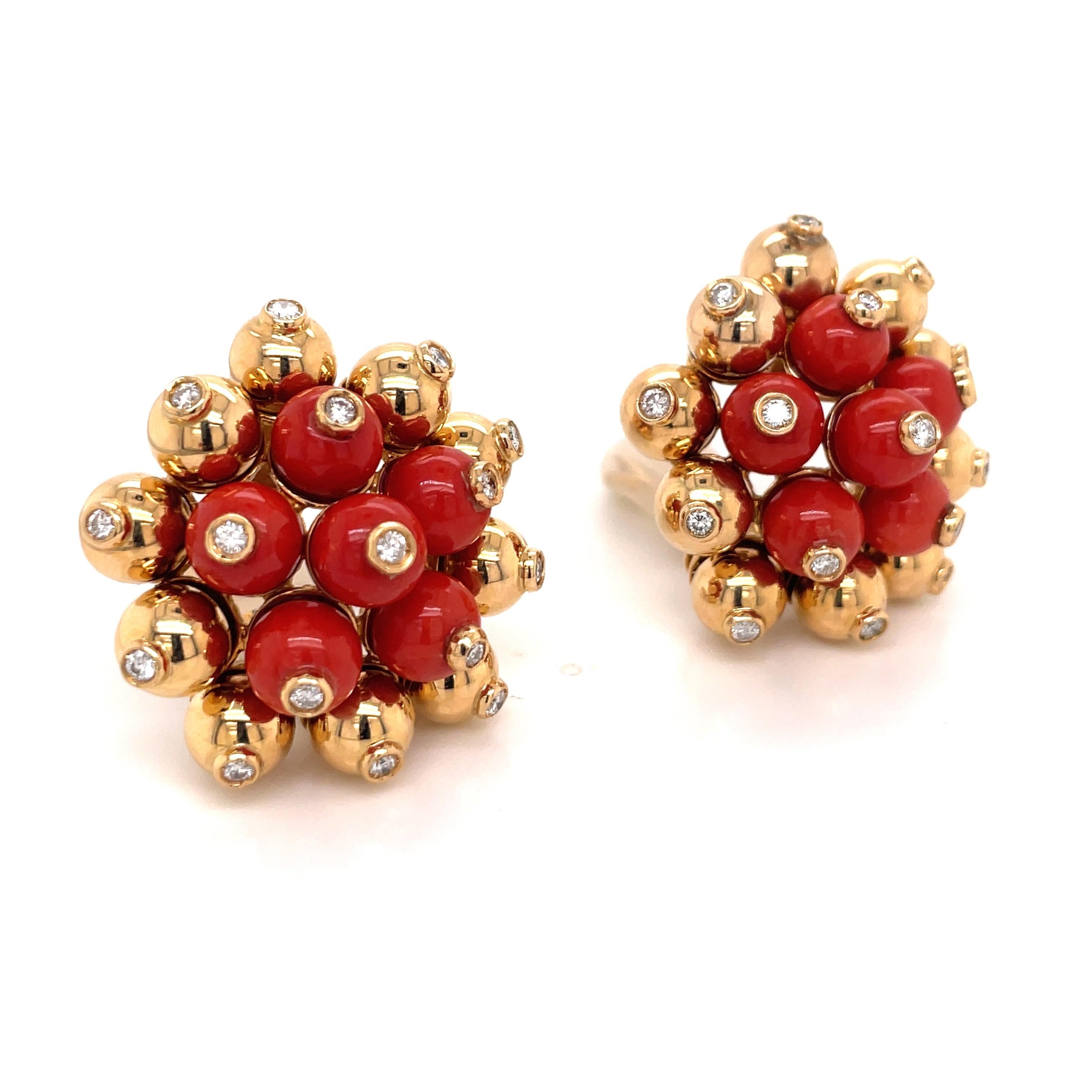 Übergroße Koralle Diamant Gold Perlen-Ohrringe 18 Karat Gelbgold 53.1 Gramm Damen im Angebot