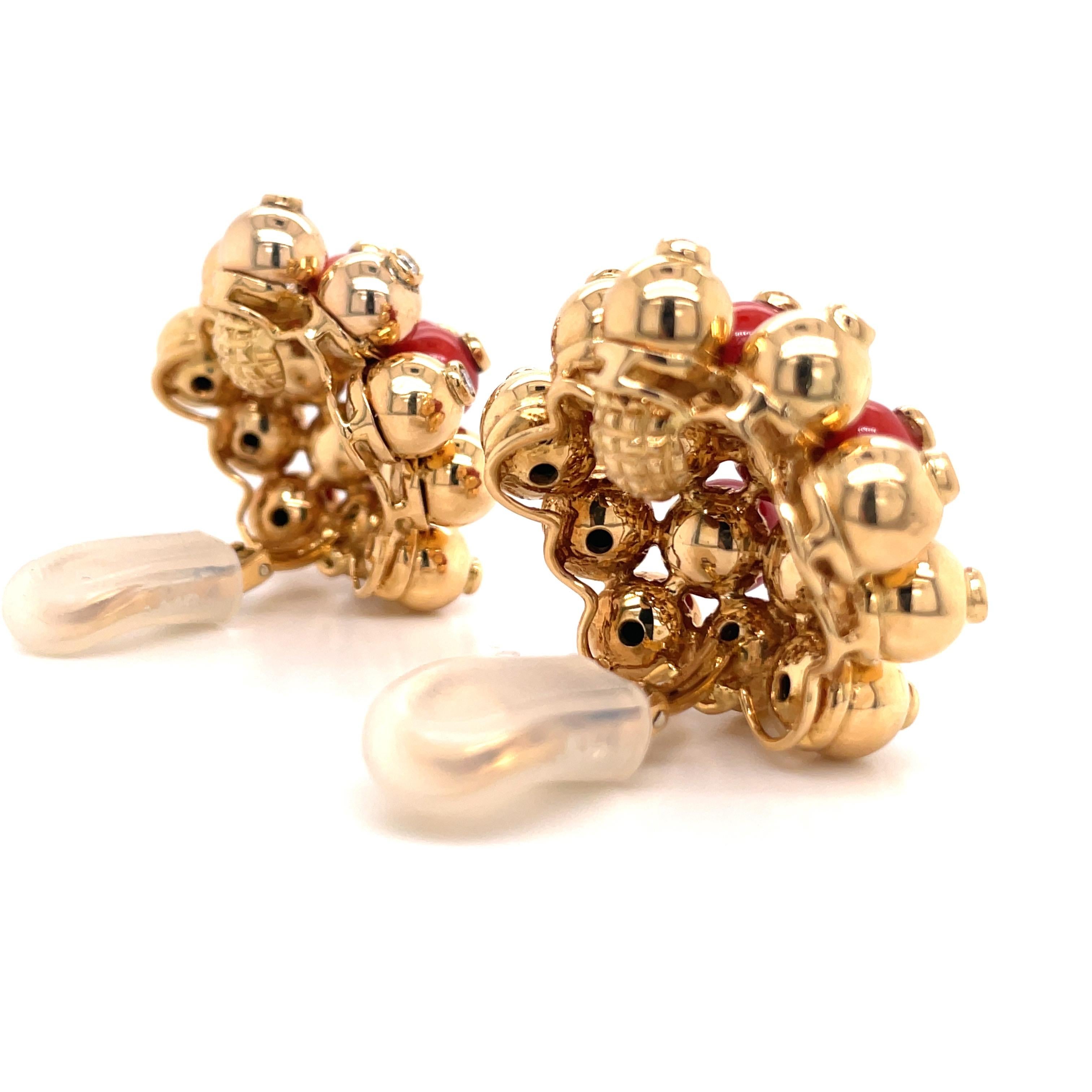 Oversized Coral Diamond Gold Bead Earrings 18 Karat Yellow Gold 53.1 Grams For Sale 1