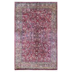 Oversized Dahlia Red Antique Persian Sarouk Full Pile Soft Wool Hand Knotted Rug