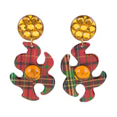 Oversized Dangle Lucite Clip Earrings Red and Green Plaid Pattern