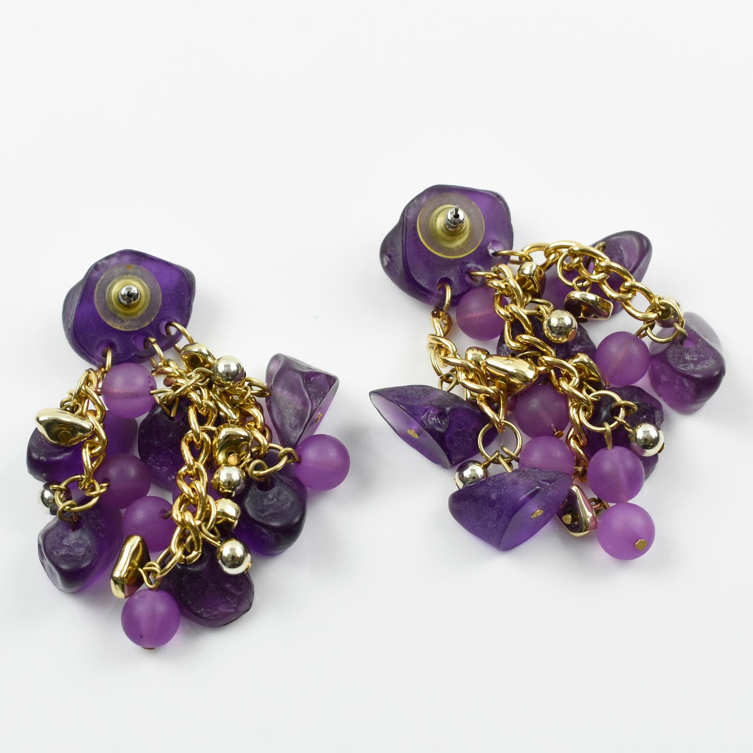 Modern Dangle Purple Pebble Lucite Pierced Earrings  For Sale