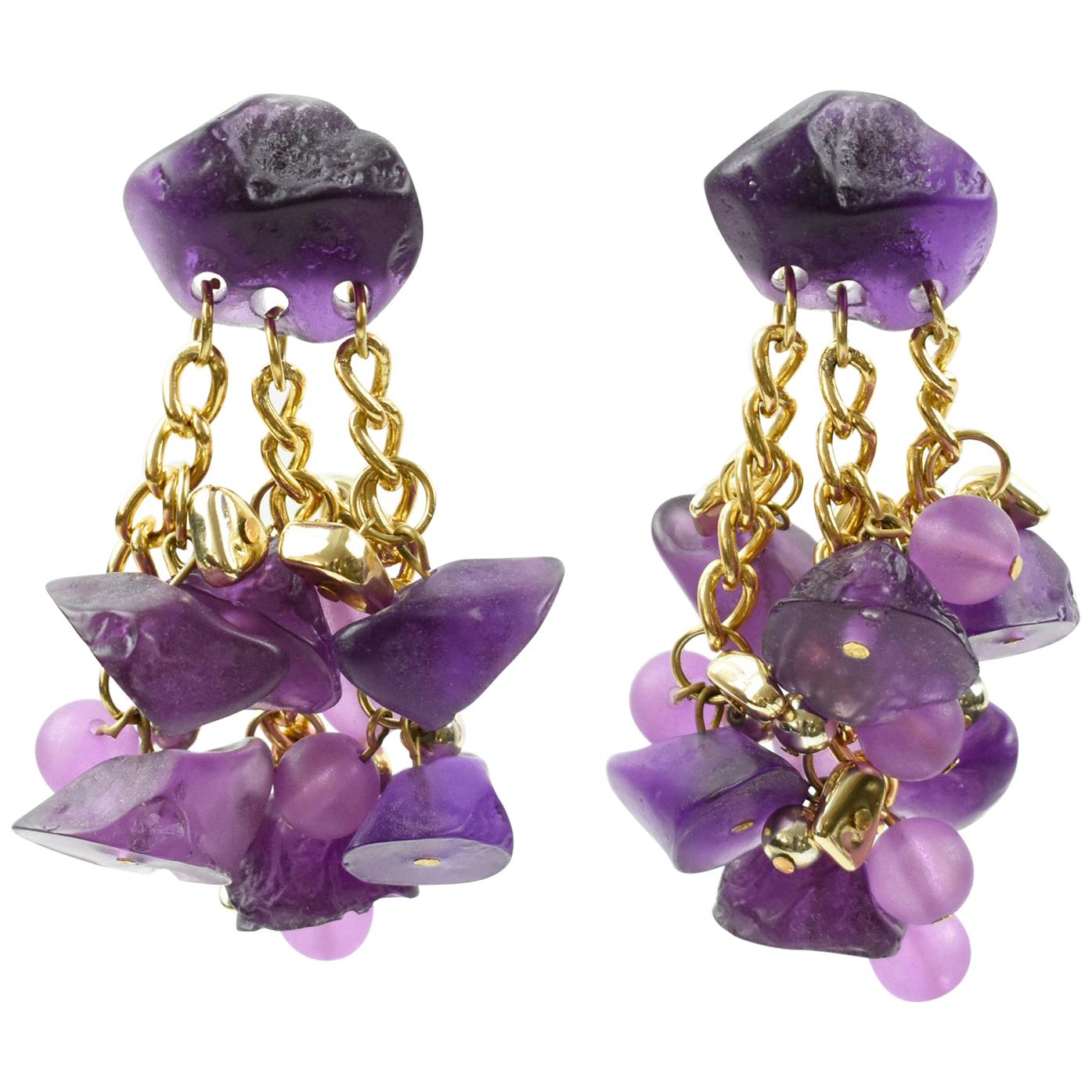 Dangle Purple Pebble Lucite Pierced Earrings  For Sale