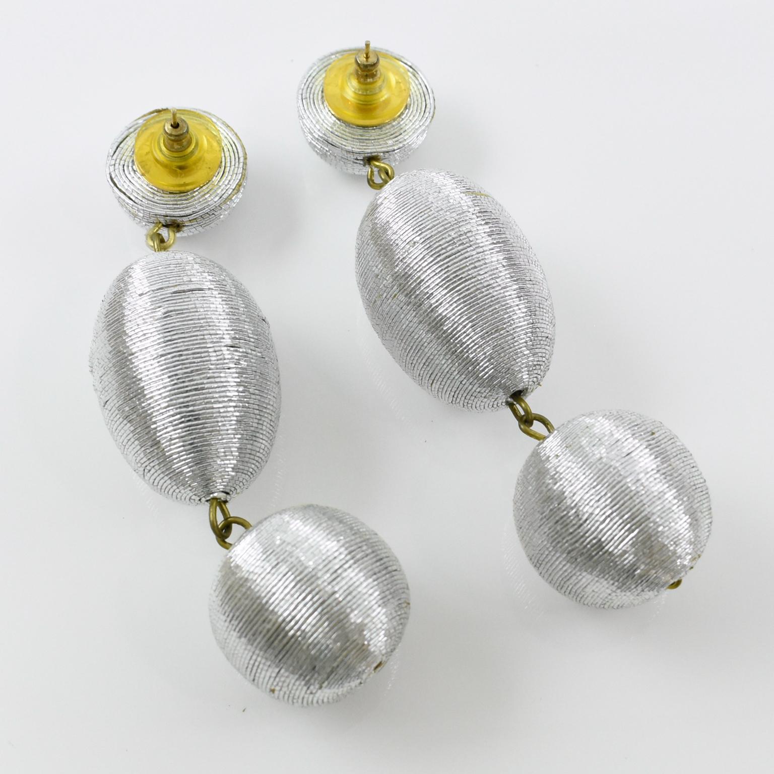 Modernist Oversized Dangle Silver Metallic Thread Pierced Earrings  For Sale