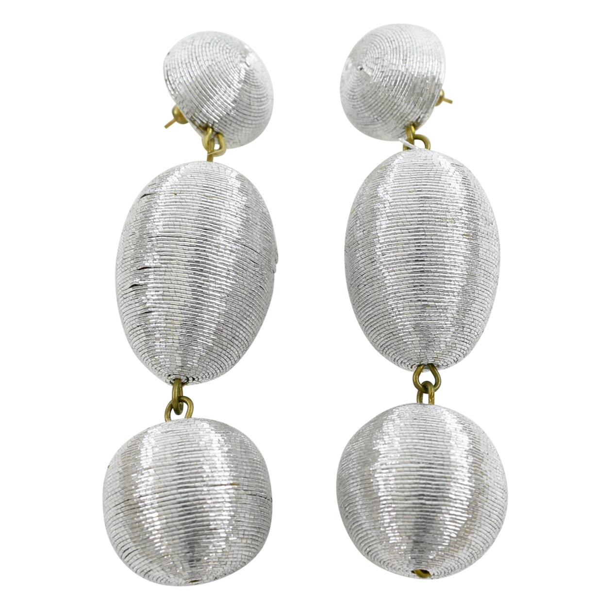 Oversized Dangle Silver Metallic Thread Pierced Earrings 