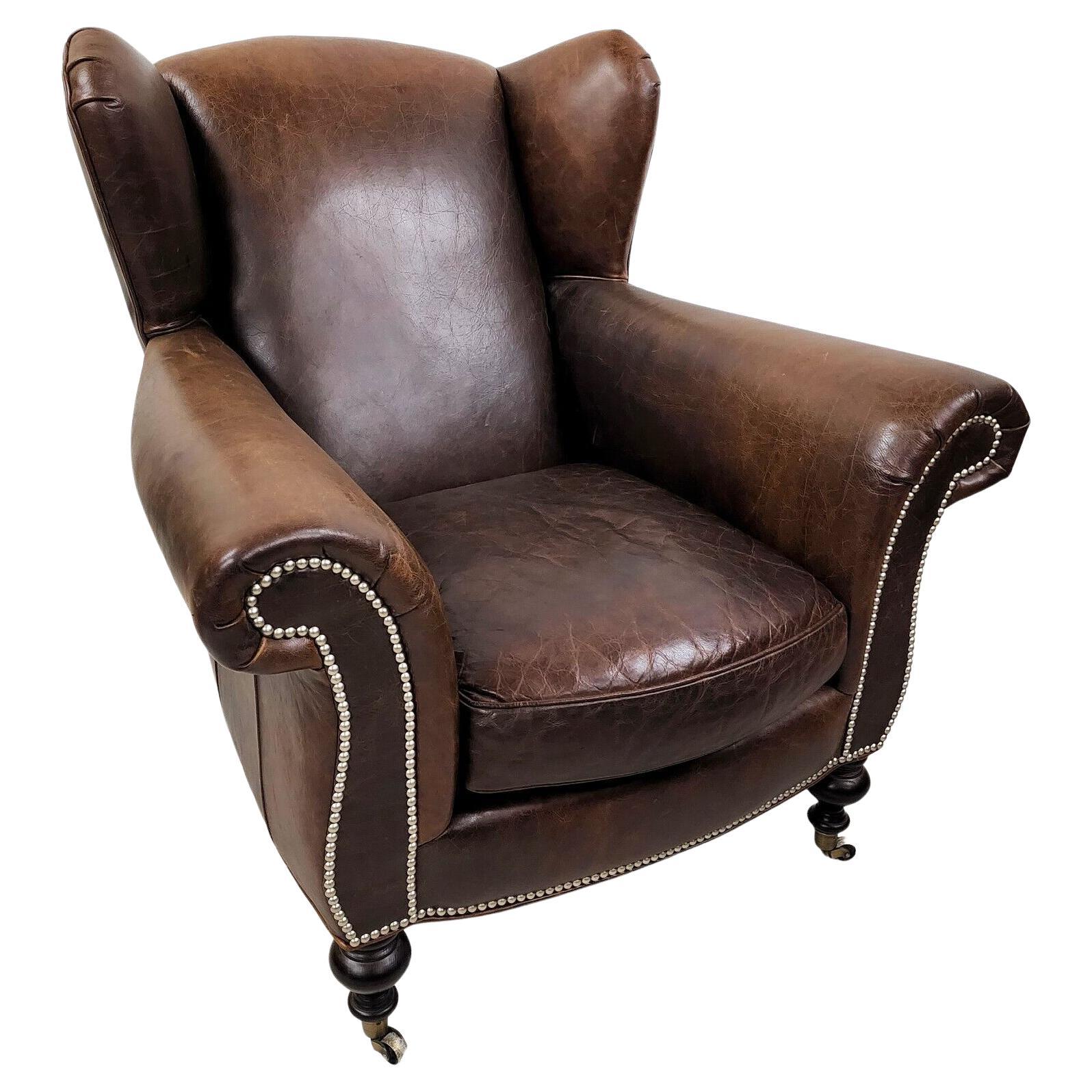 Oversized Distressed Leather Wingback Library Reading Armchair by Lee Industries