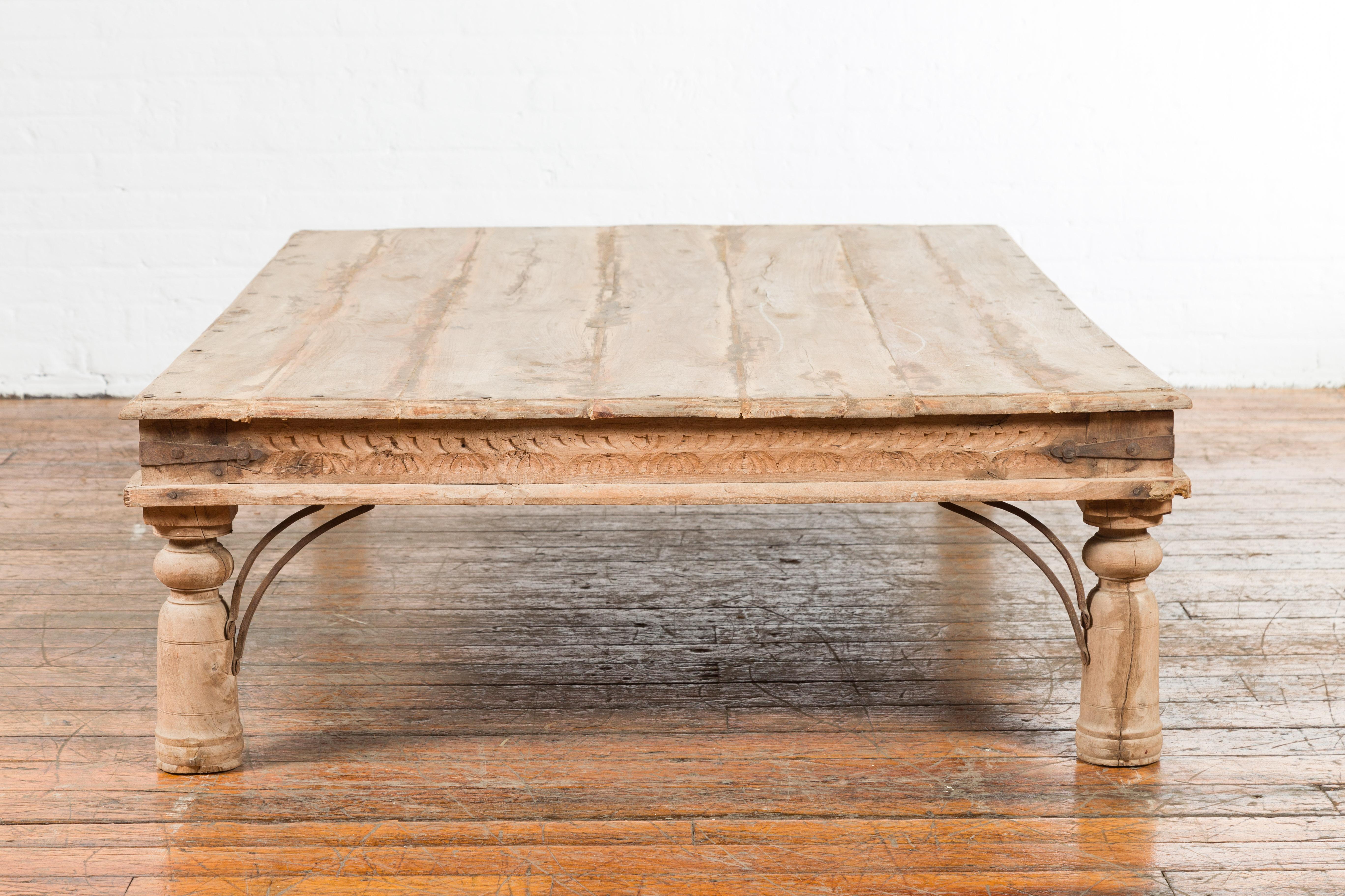 Oversized Early 20th Century Indian Rustic Coffee Table with Iron Accents 8
