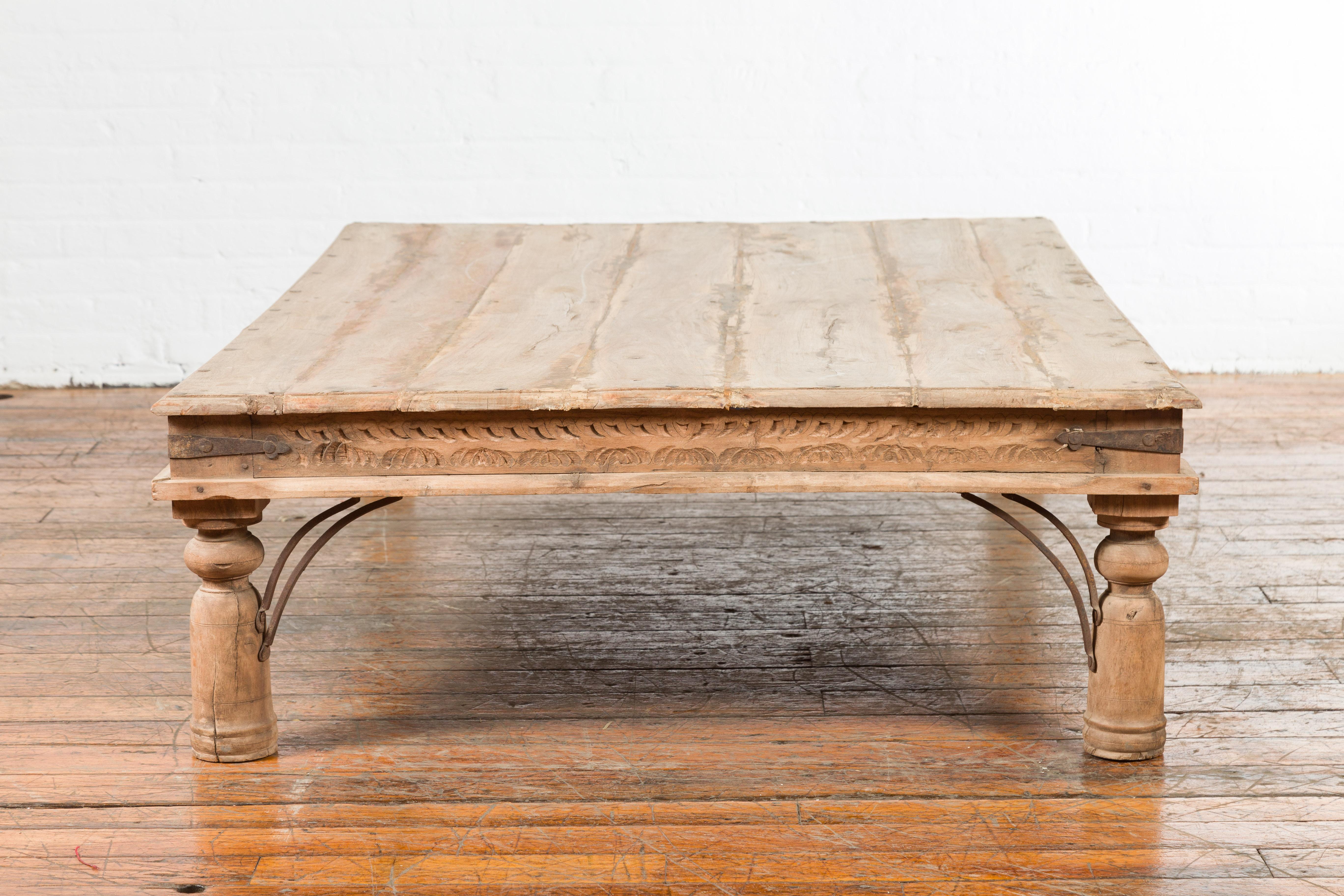 Oversized Early 20th Century Indian Rustic Coffee Table with Iron Accents 12
