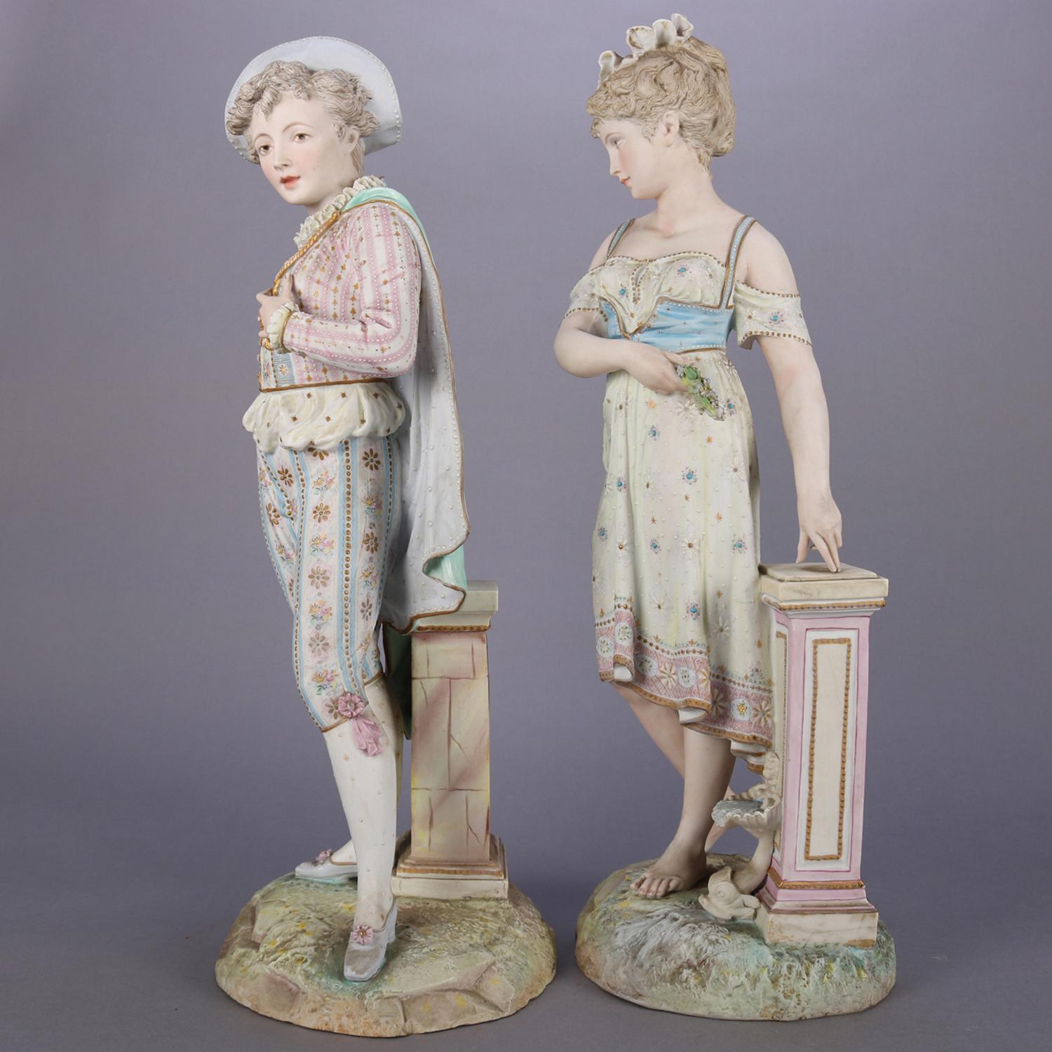 Pair of oversized English hand-painted bisque porcelain bisque figures feature courting couple in garden setting, hand-painted with gilt highlights, anchor mark on base, circa 1940.

Measures: 22