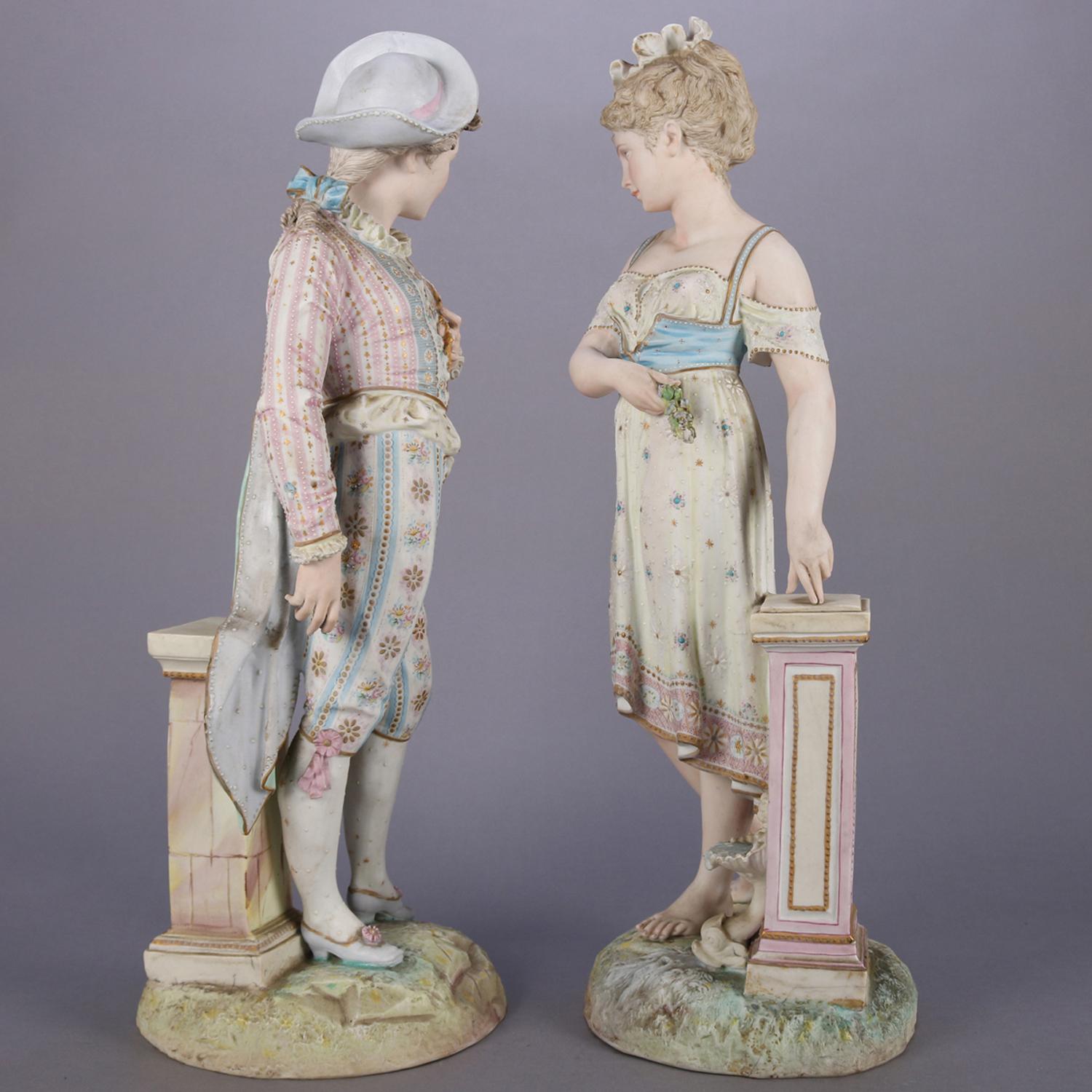 Oversized English Chelsea Hand-Painted and Gilt Bisque Porcelain Figures In Good Condition In Big Flats, NY
