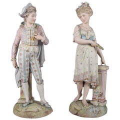 Oversized English Chelsea Hand-Painted and Gilt Bisque Porcelain Figures
