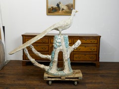 Oversized English Distressed Stone Peacock on Tree Base Sculpture, circa 1920