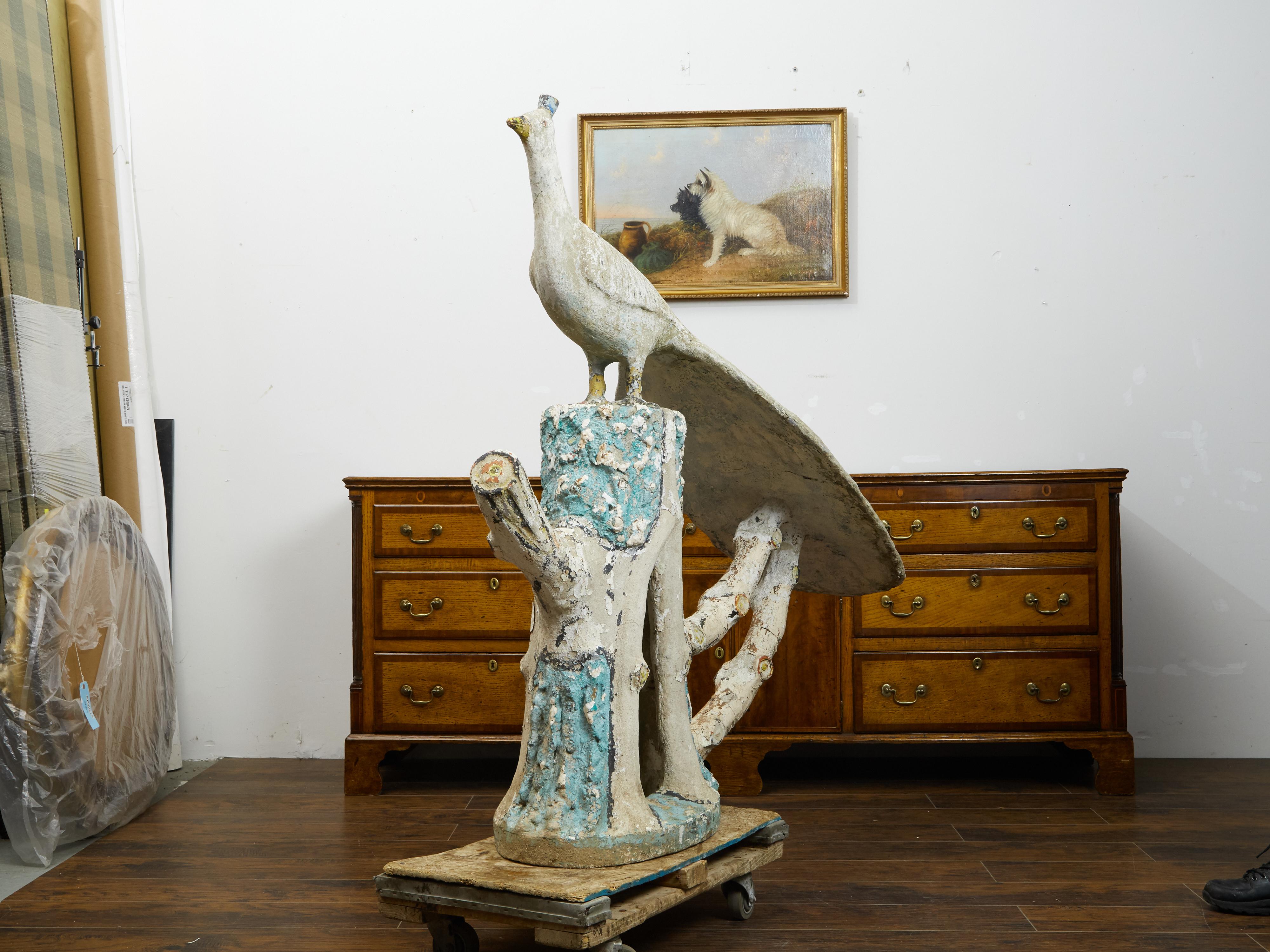 Oversized English Distressed Stone Peacock on Tree Base Sculpture, circa 1920 For Sale 2