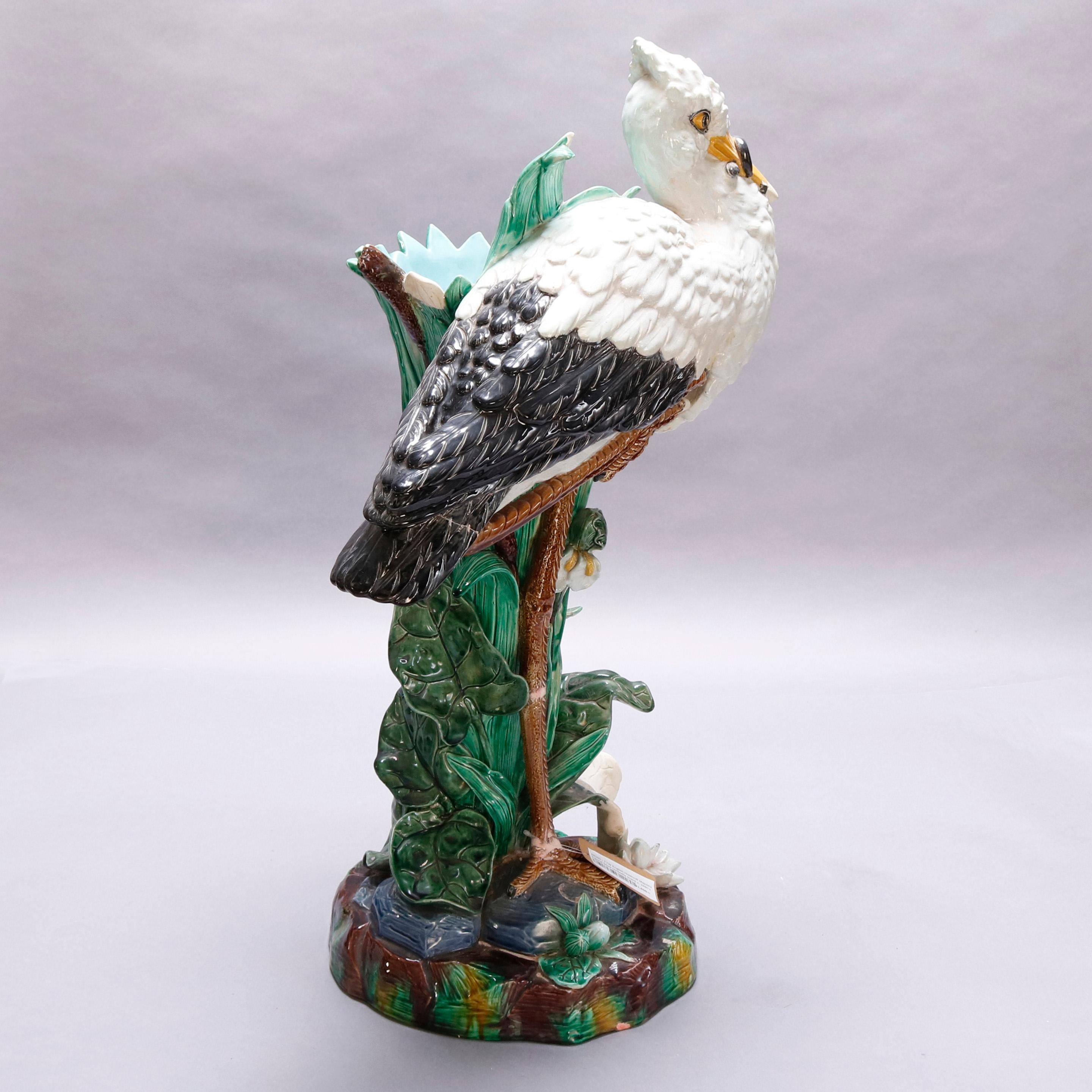 Molded Oversized English Joseph Holdcroft Majolica Figural White Stork Cane Stand