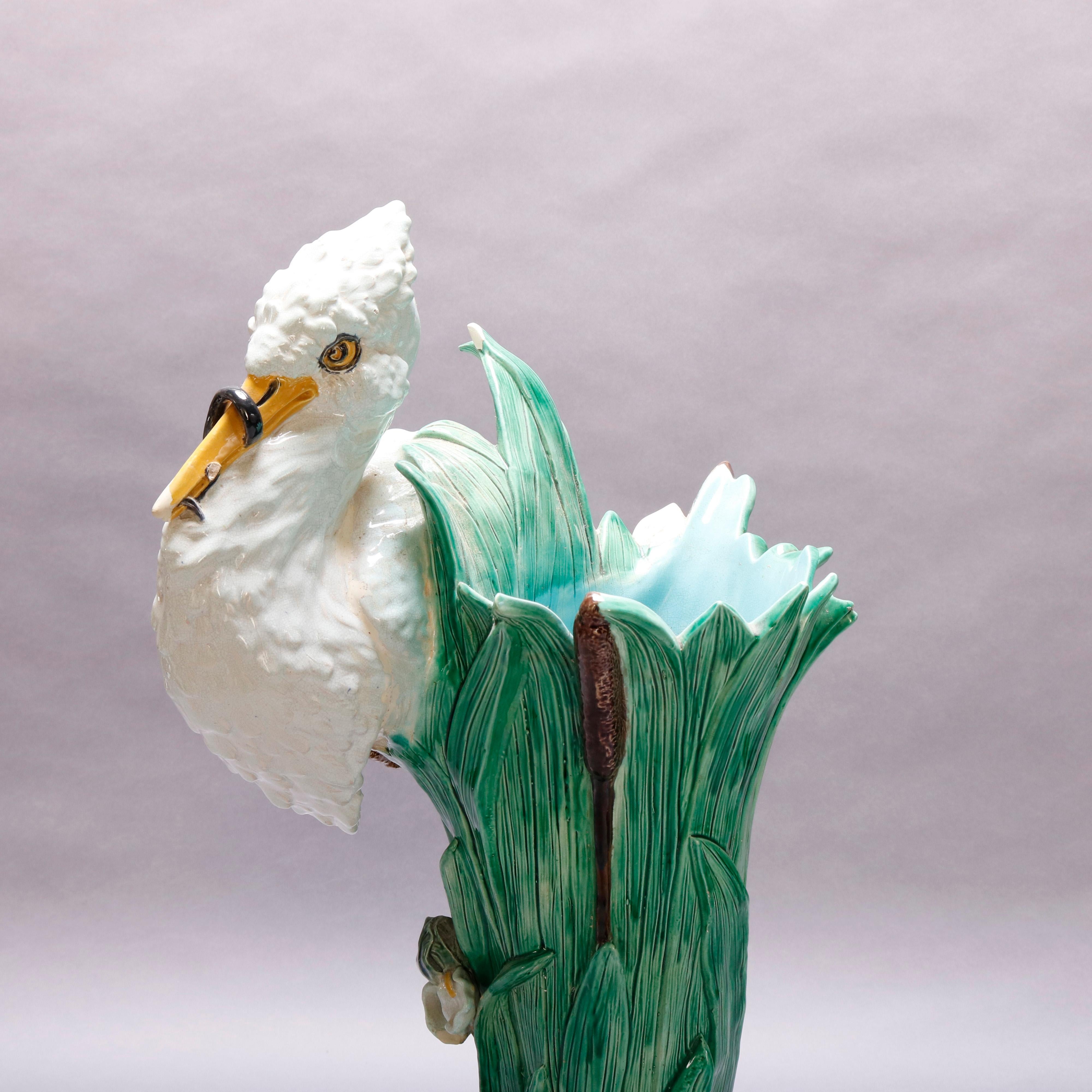 Oversized English Joseph Holdcroft Majolica Figural White Stork Cane Stand 2