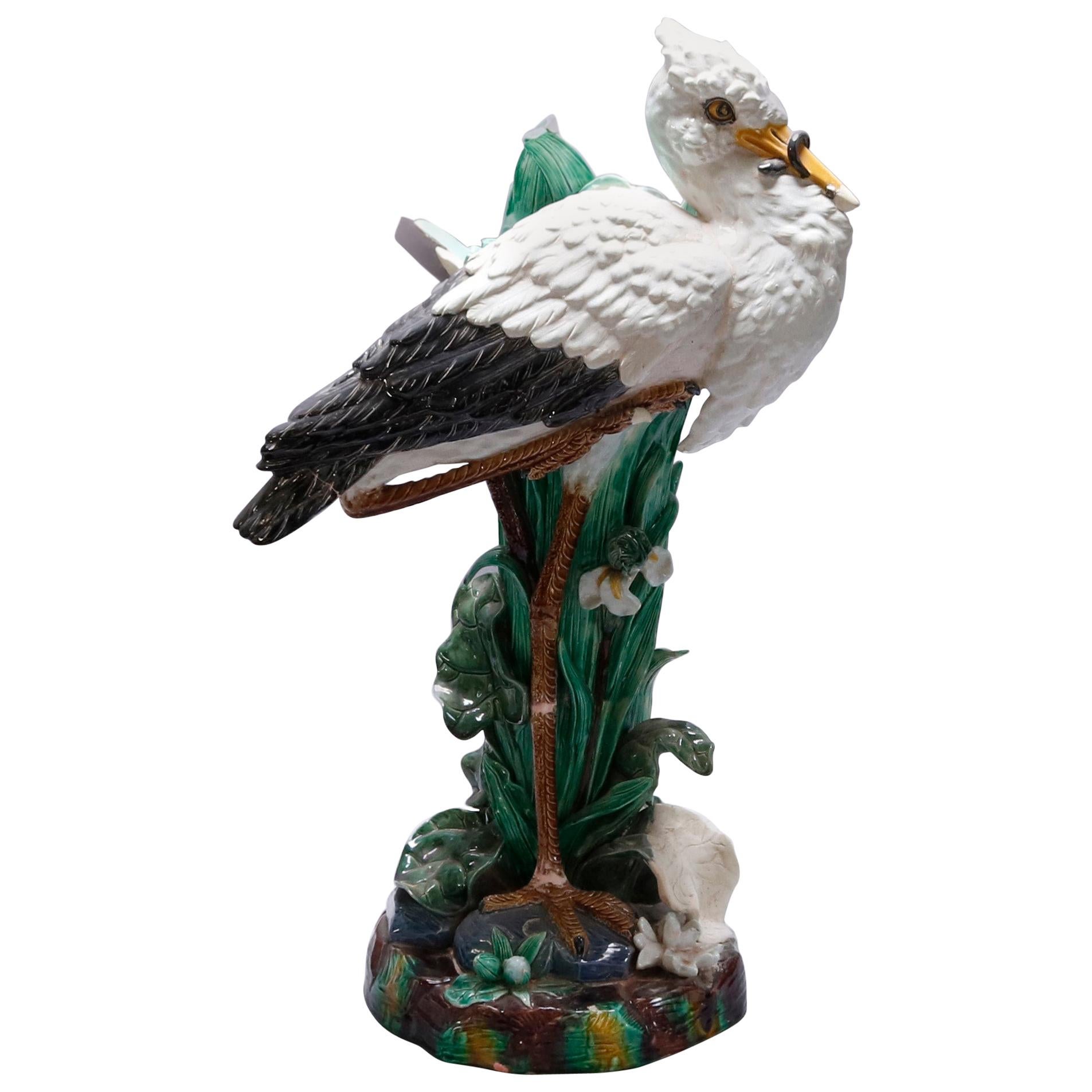 Oversized English Joseph Holdcroft Majolica Figural White Stork Cane Stand