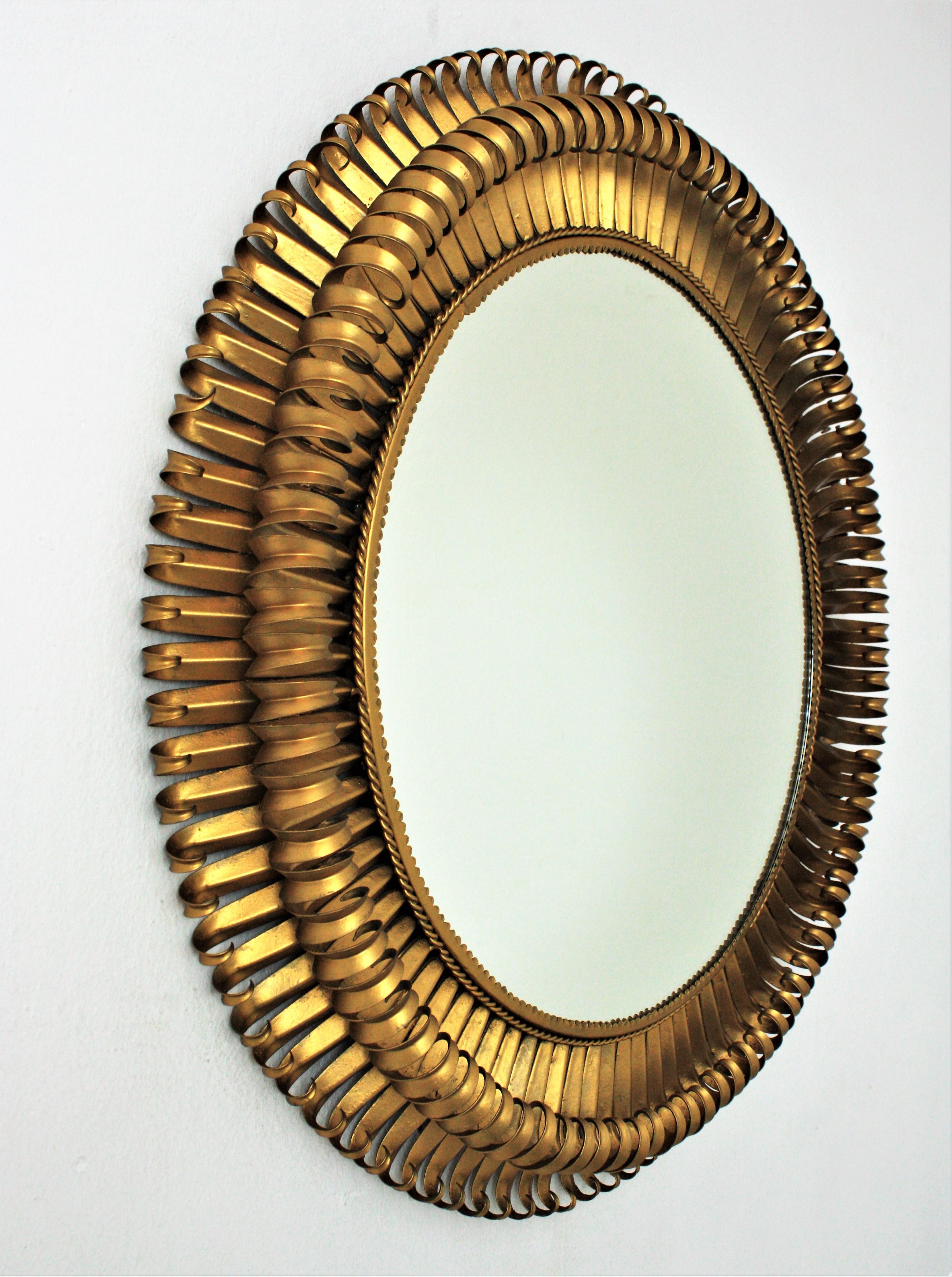 Metal Sunburst Eyelash Mirror in Gilt Wrought Iron, Large Scale For Sale