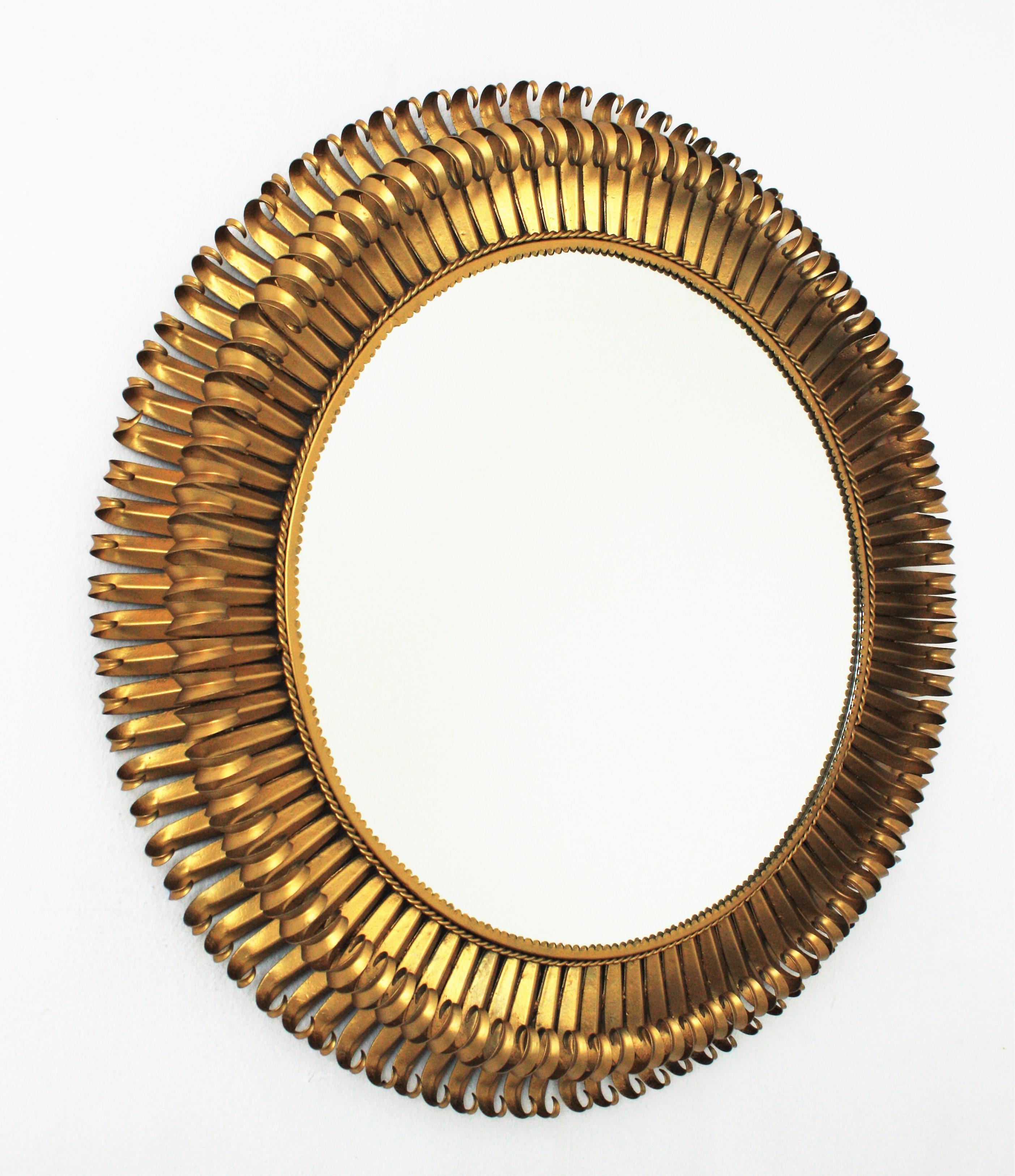 Mid-Century Modern Sunburst Eyelash Mirror in Gilt Wrought Iron, Large Scale For Sale