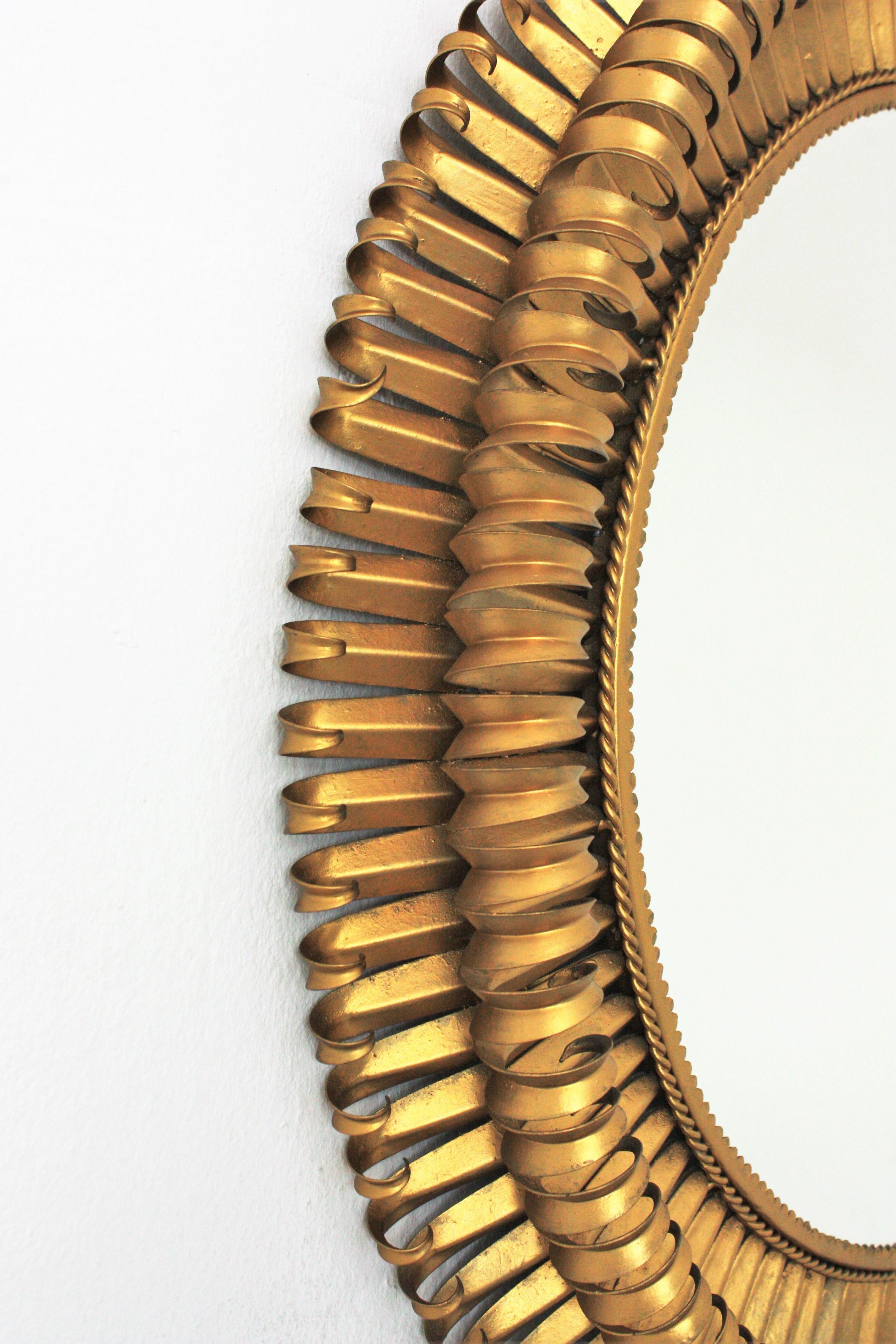 Hammered Sunburst Eyelash Mirror in Gilt Wrought Iron, Large Scale For Sale