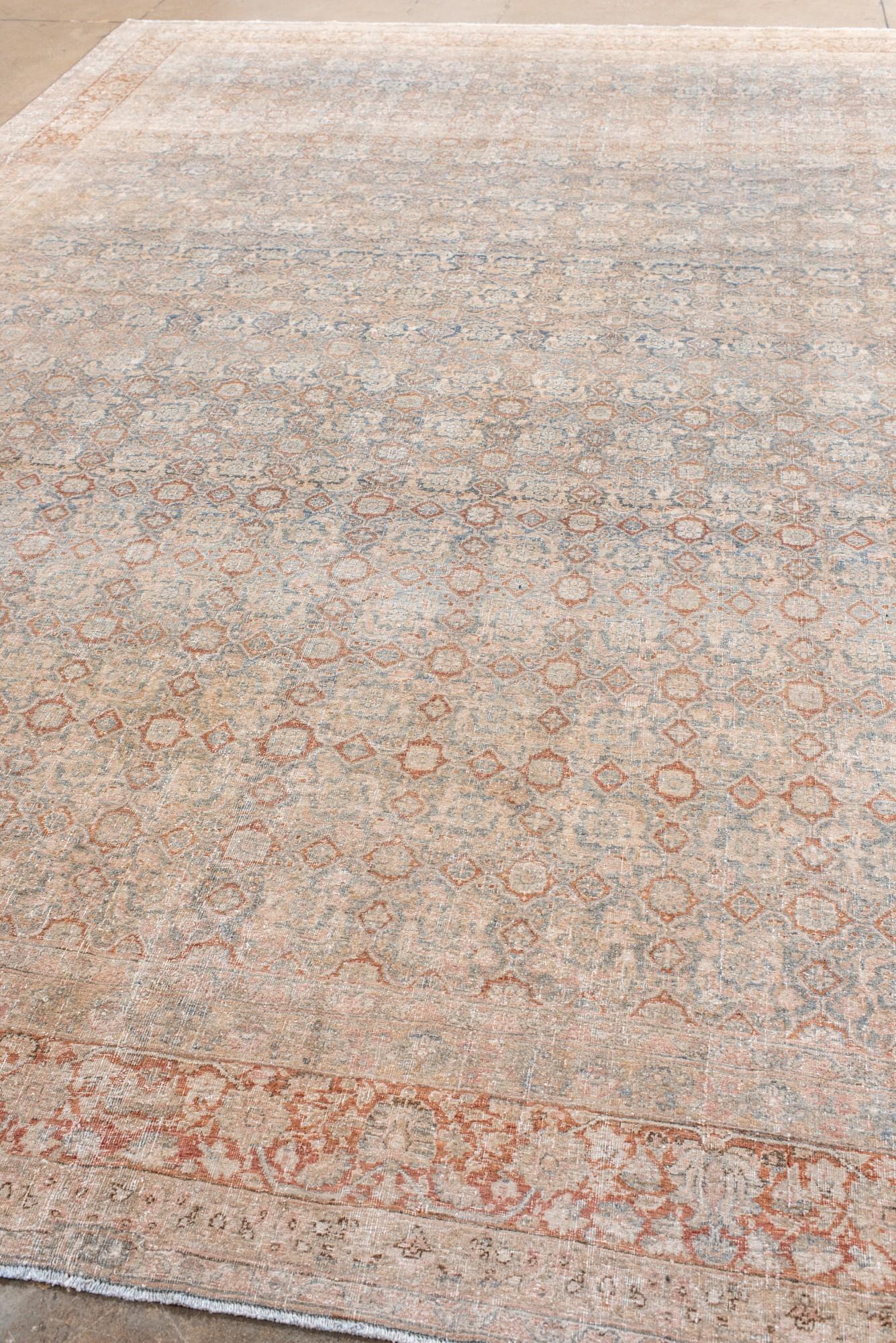 Hand-Knotted Oversized Faded Persian Bidjar Rug in Soft Rust and Blue For Sale