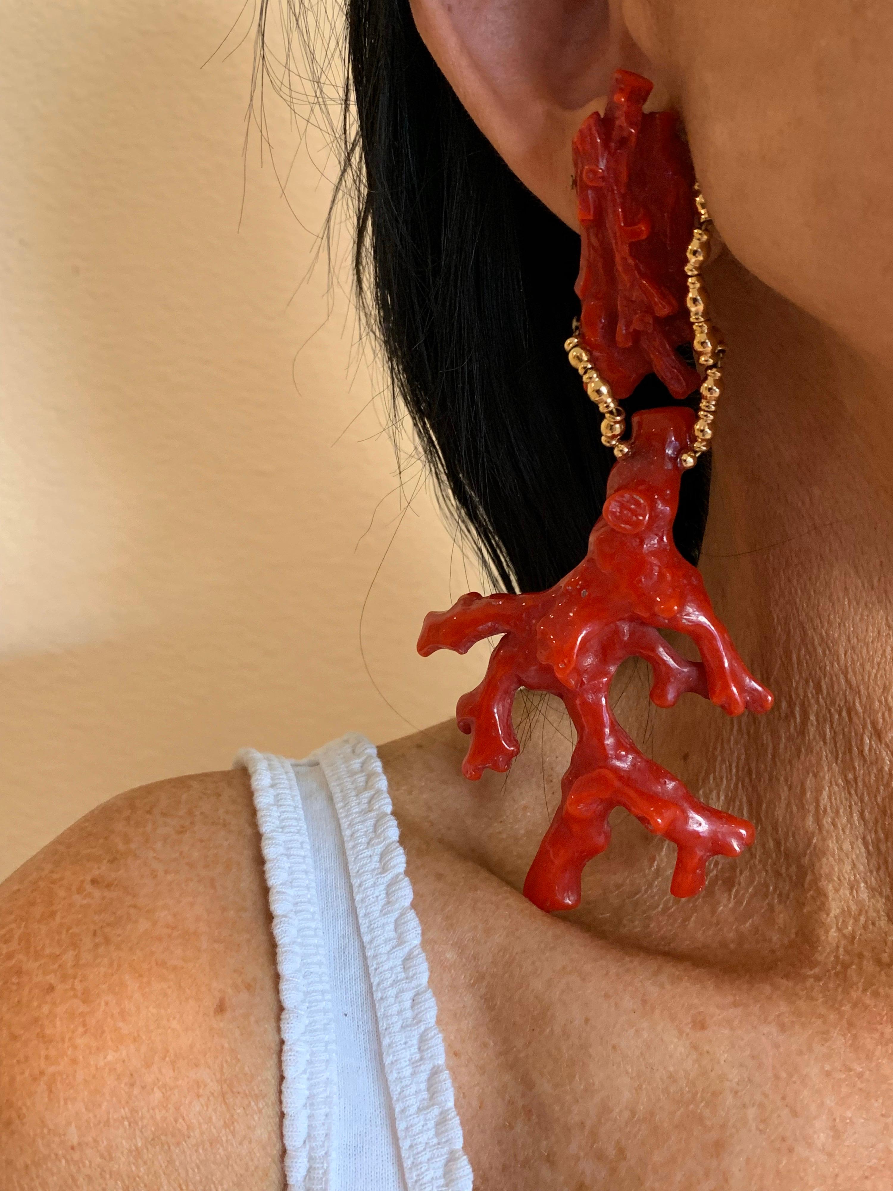 Women's Oversized Faux Coral And Gold Statement Earrings 