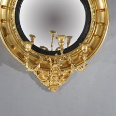 Oversized Federal Giltwood Bullseye Mirror with Candle Sconces & Eagle Crest