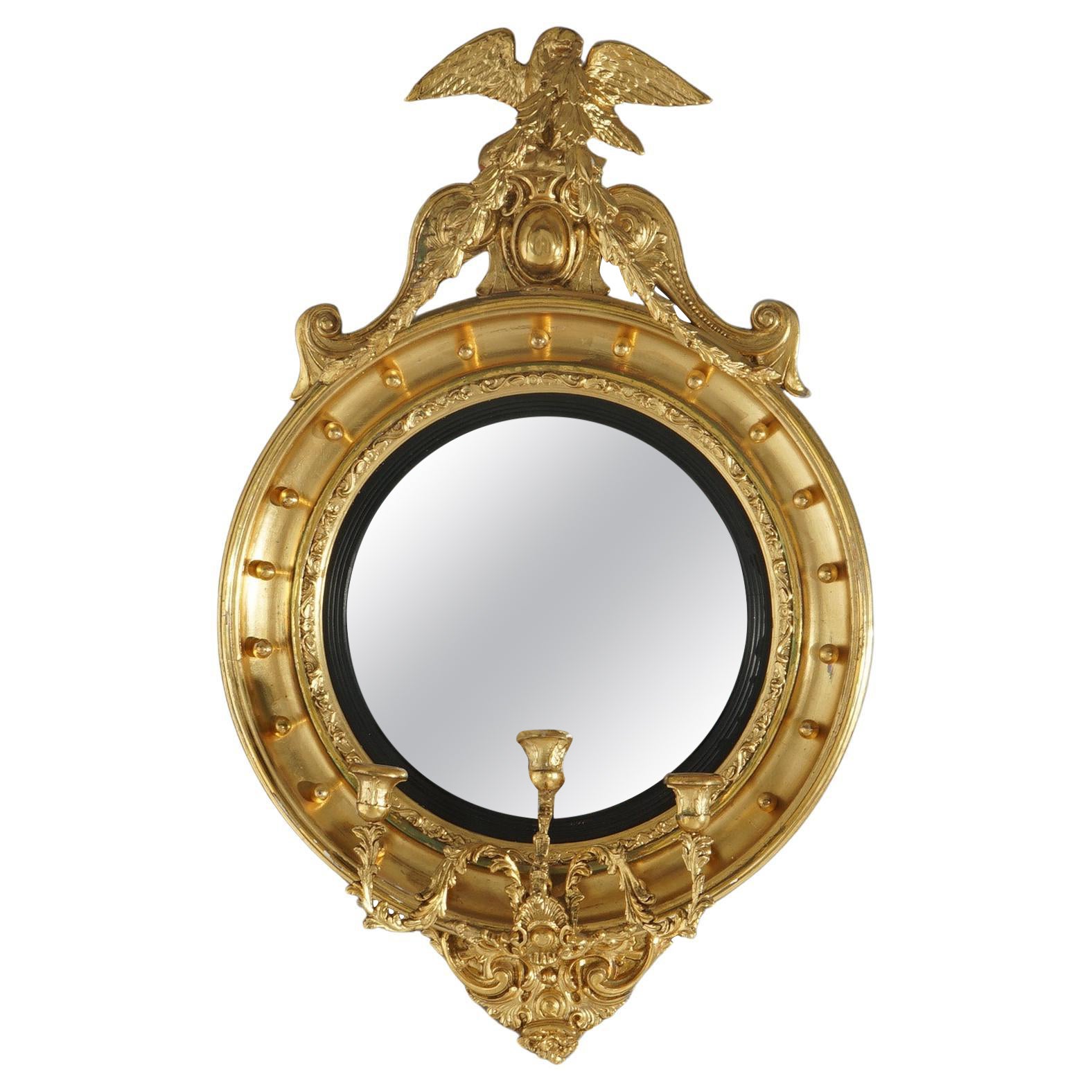 Oversized Federal Giltwood Bullseye Mirror with Candle Sconces 
Eagle Crest