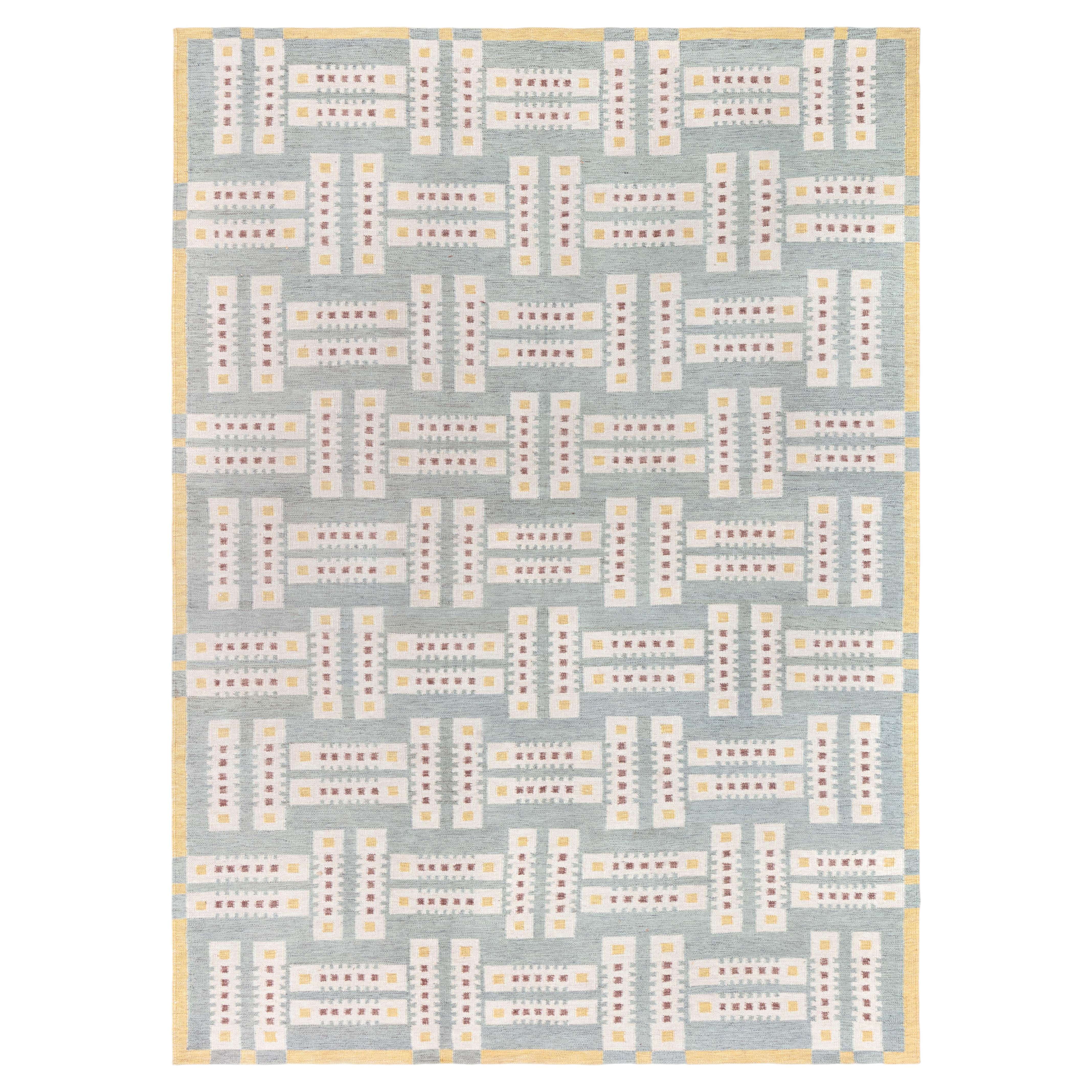Oversized Flatweave Modern Geometric Light Blue Wool Rug by Doris Leslie Blau For Sale