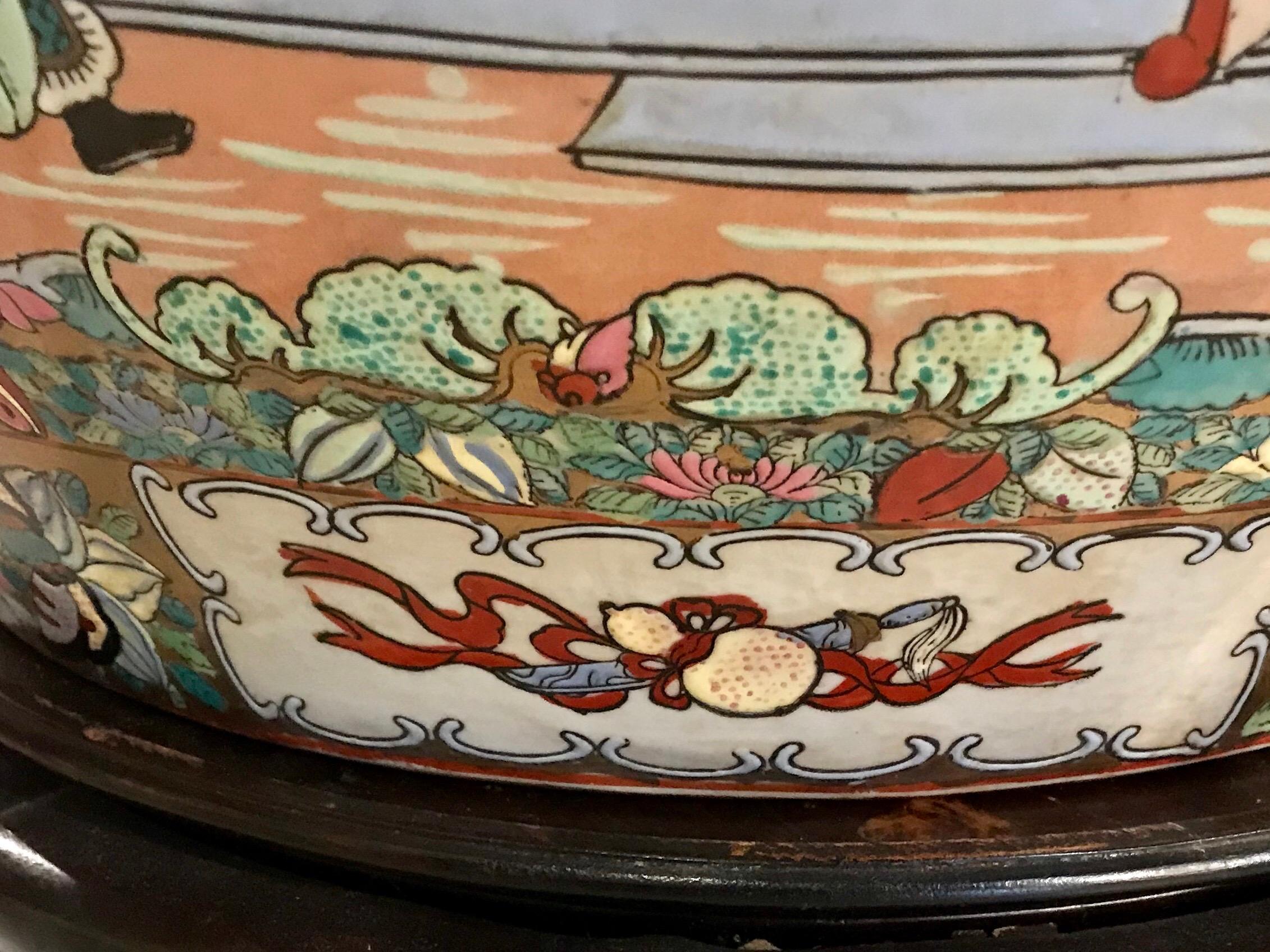 20th Century Oversized Floral Chinoiserie Planter with Koi Fish Interior Motif