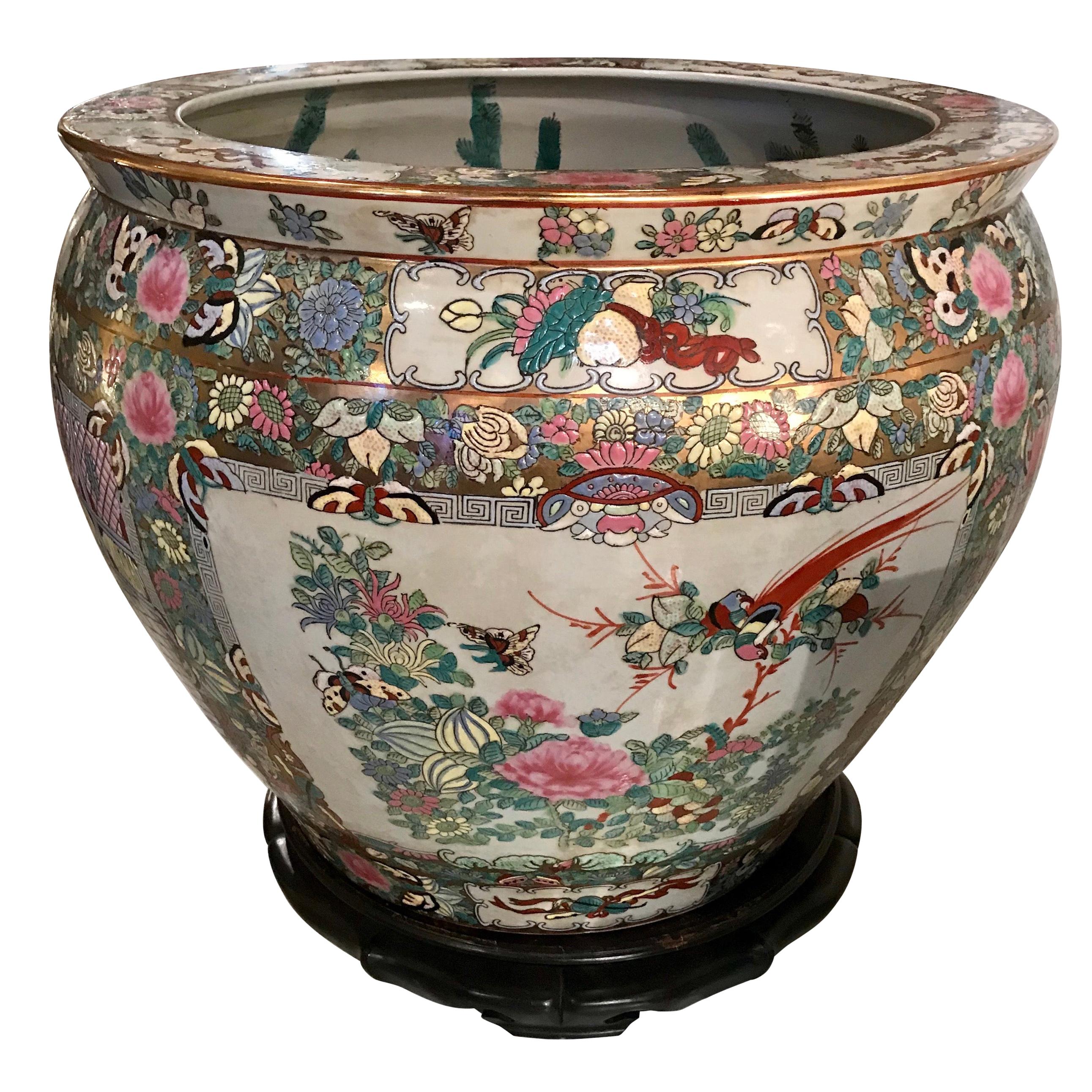 Oversized Floral Chinoiserie Planter with Koi Fish Interior Motif