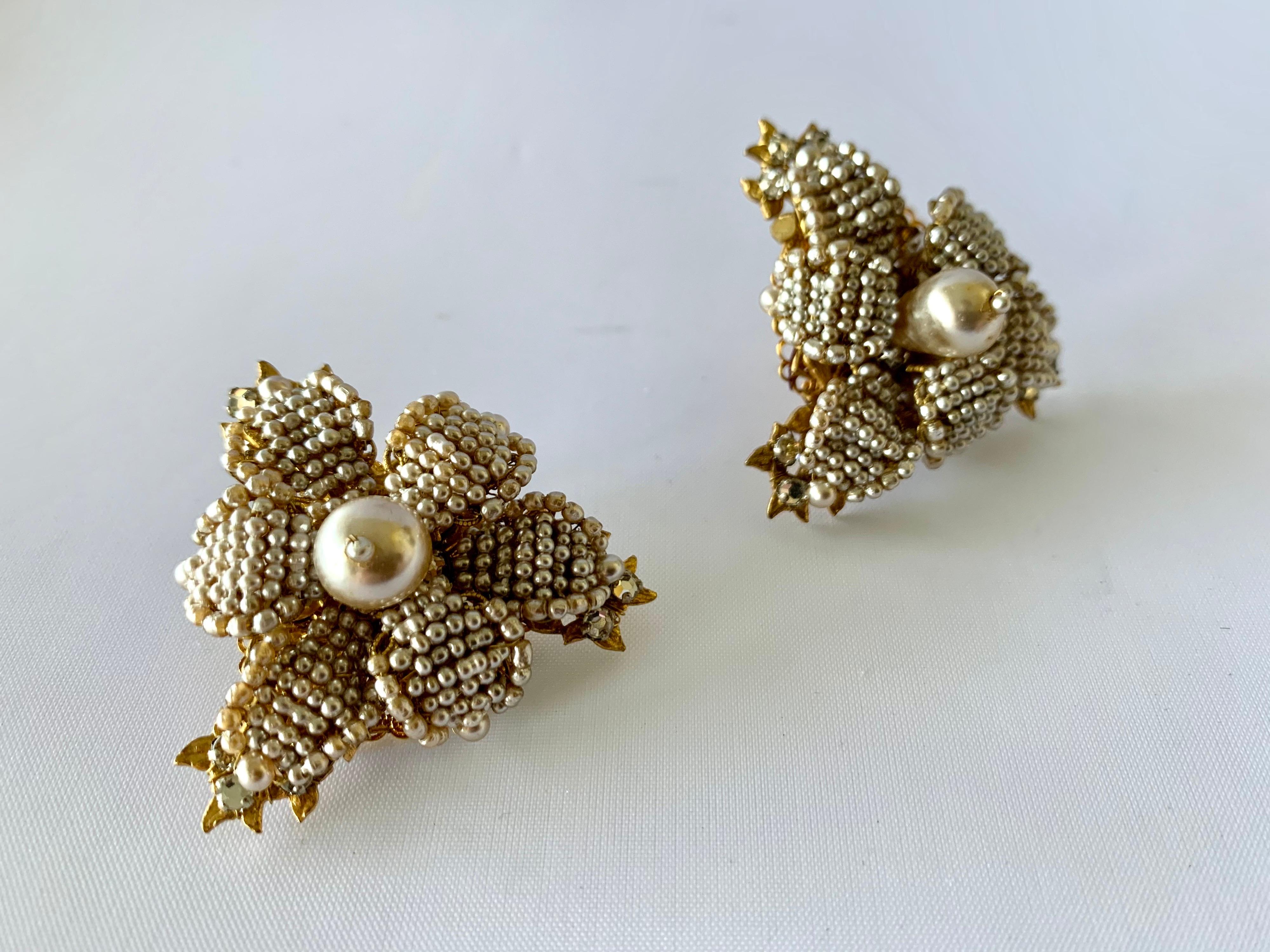 Artisan Oversized Flower Faux Pearl Diamante Earrings 