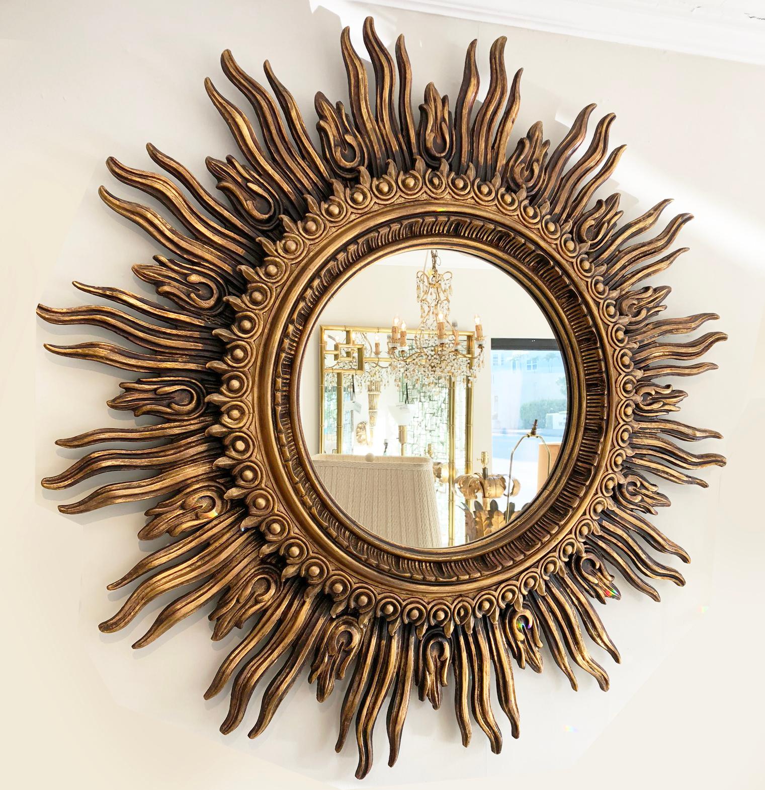 Late 20th Century Oversized, Spanish Carved Giltwood Sunburst Mirror