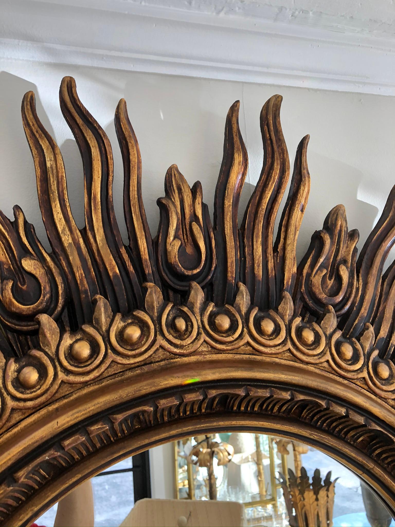Wood Oversized, Spanish Carved Giltwood Sunburst Mirror