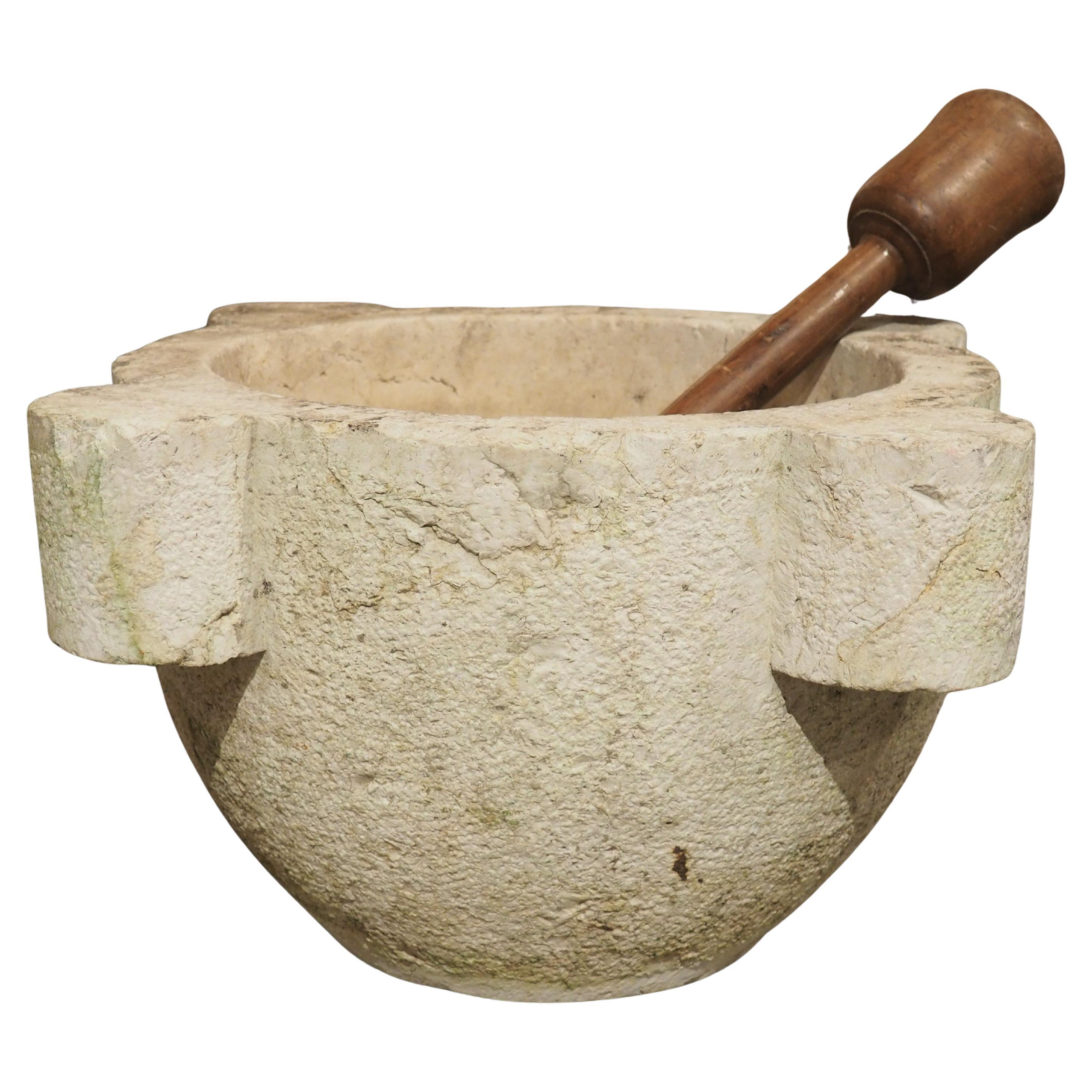 Oversized French 18th Century Carved and Hammered Stone Mortar with Pestle
