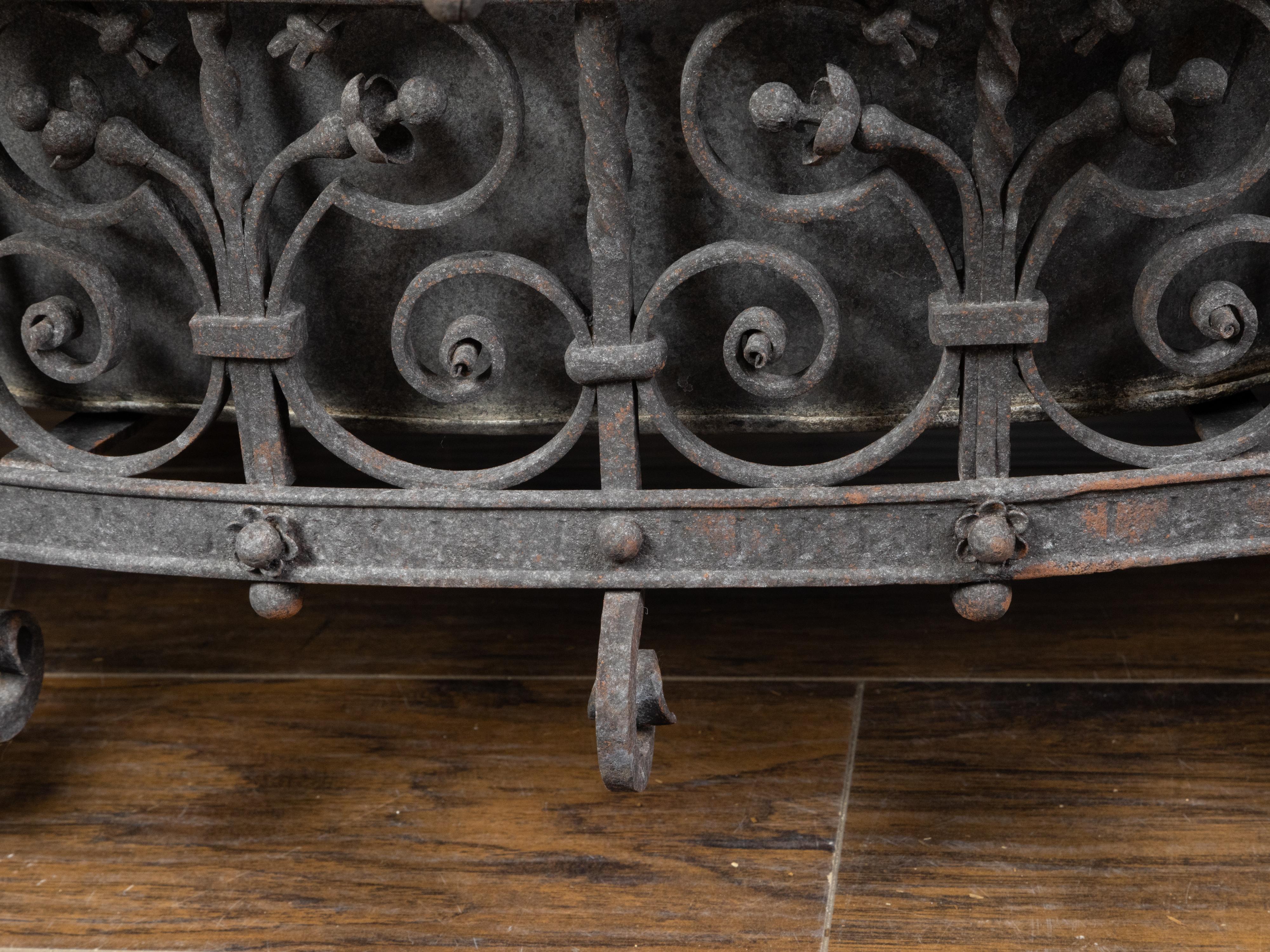 20th Century Oversized French 1900s Iron Planter with Scrollwork Motifs and Liner For Sale