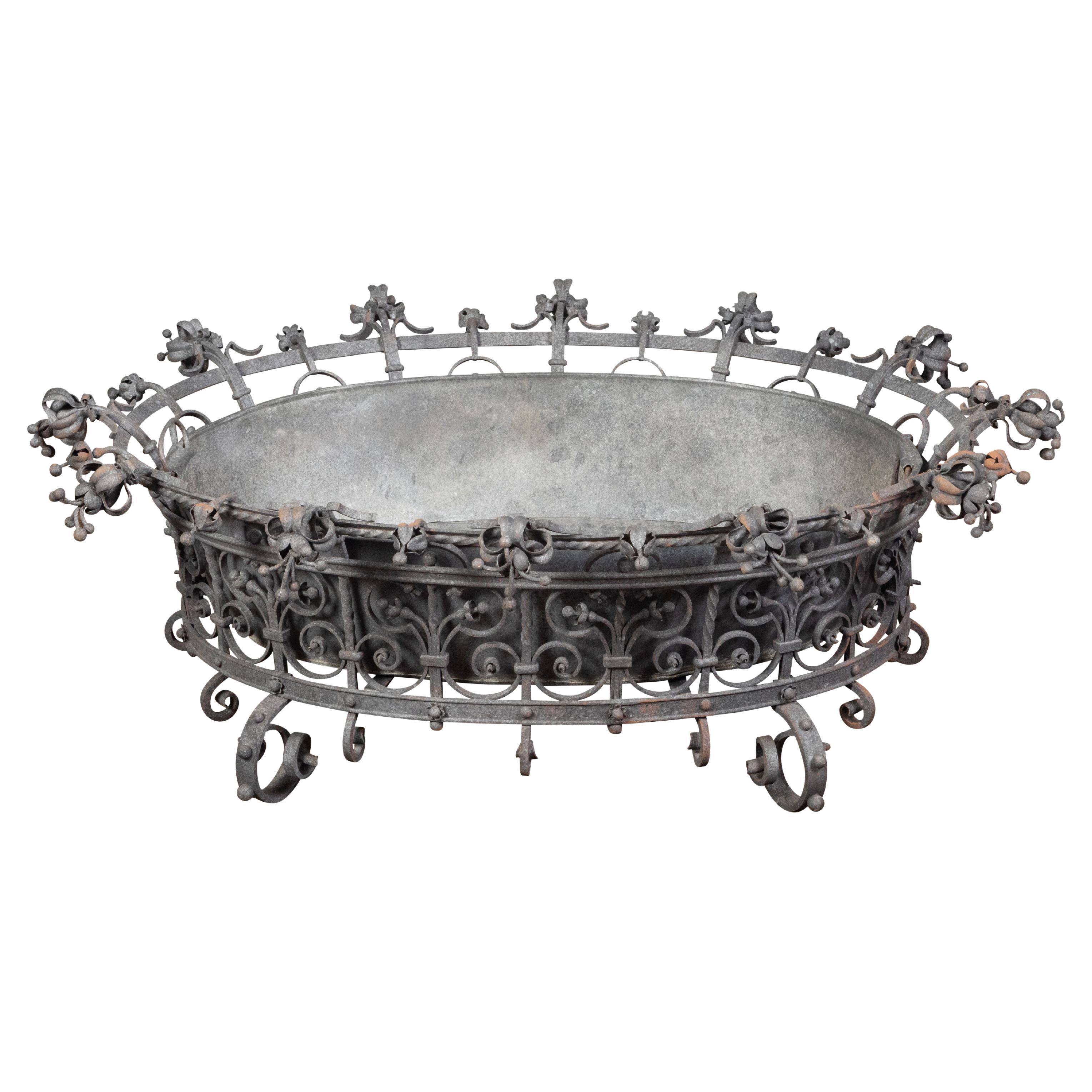 Oversized French 1900s Iron Planter with Scrollwork Motifs and Liner For Sale