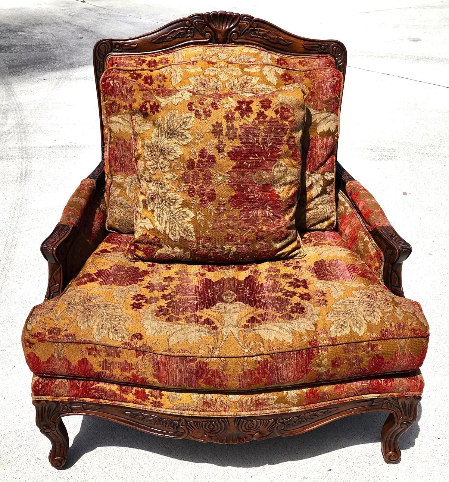 For FULL item description click on READ MORE below. 

Offering One Of Our Recent Palm Beach Estate Fine Furniture Acquisitions Of A
Vintage Oversized French Provincial Bergere Chair & Ottoman 

Approximate Measurements in Inches
Chair
42