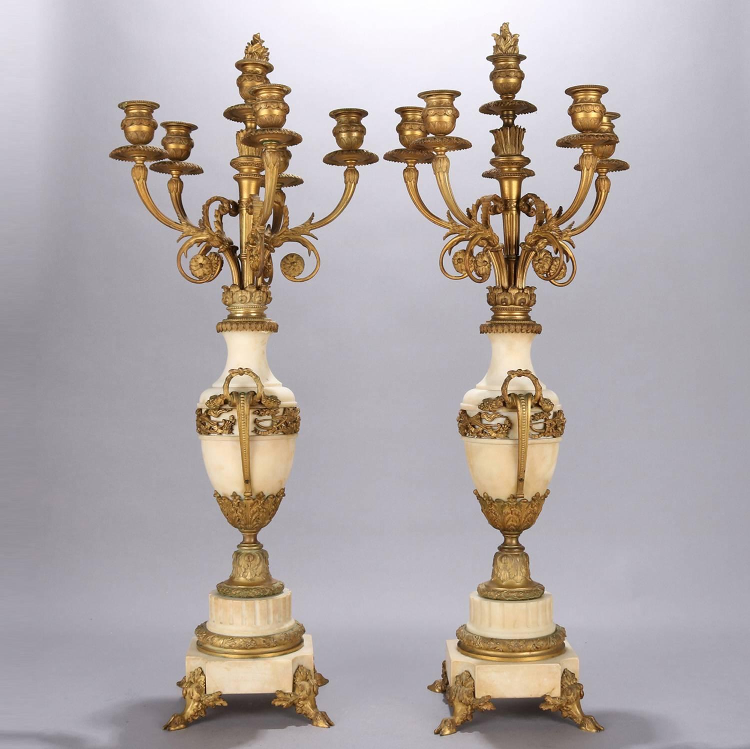 Cast Oversized French Classical Urn Form Marble and Gilt Bronze Candelabras