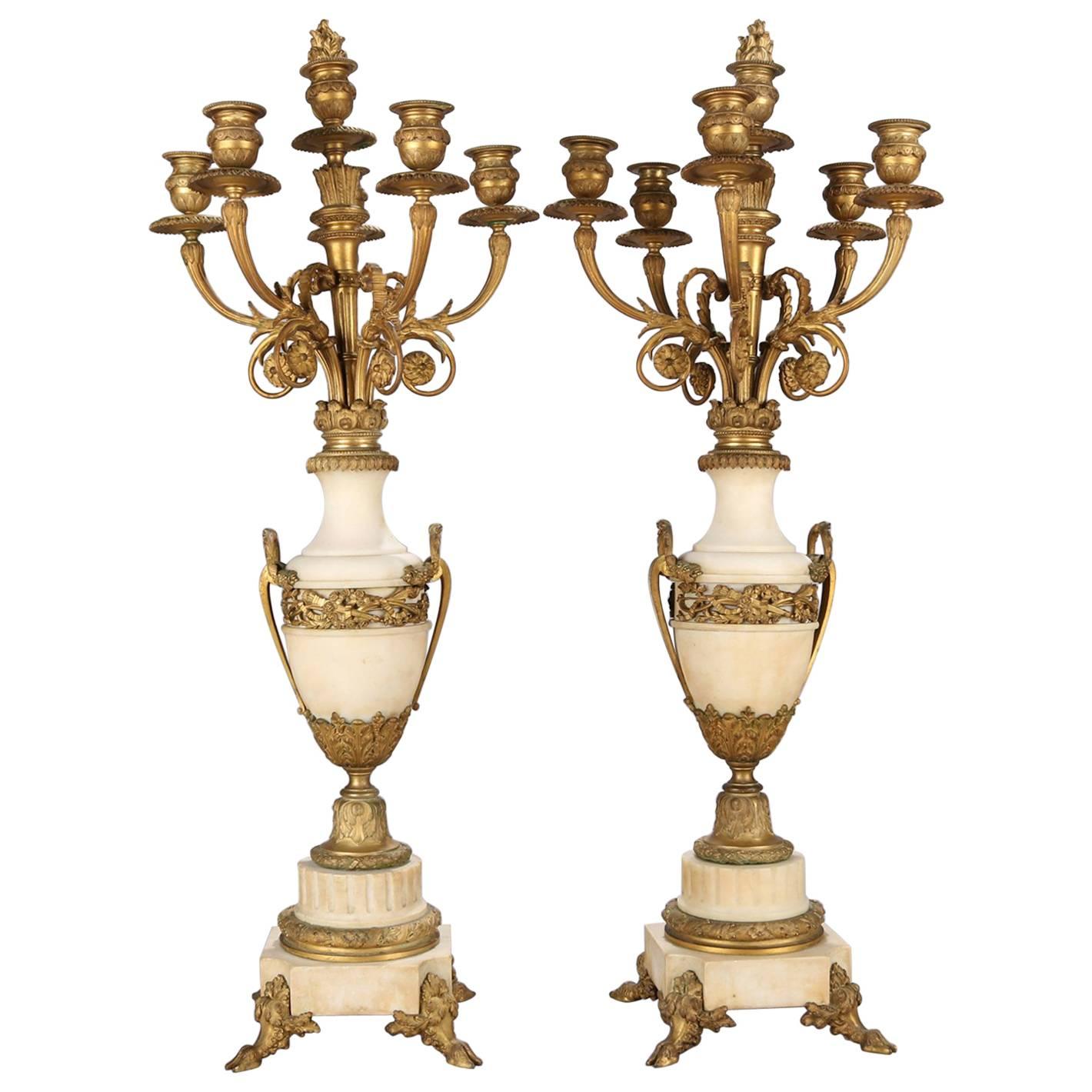 Oversized French Classical Urn Form Marble and Gilt Bronze Candelabras