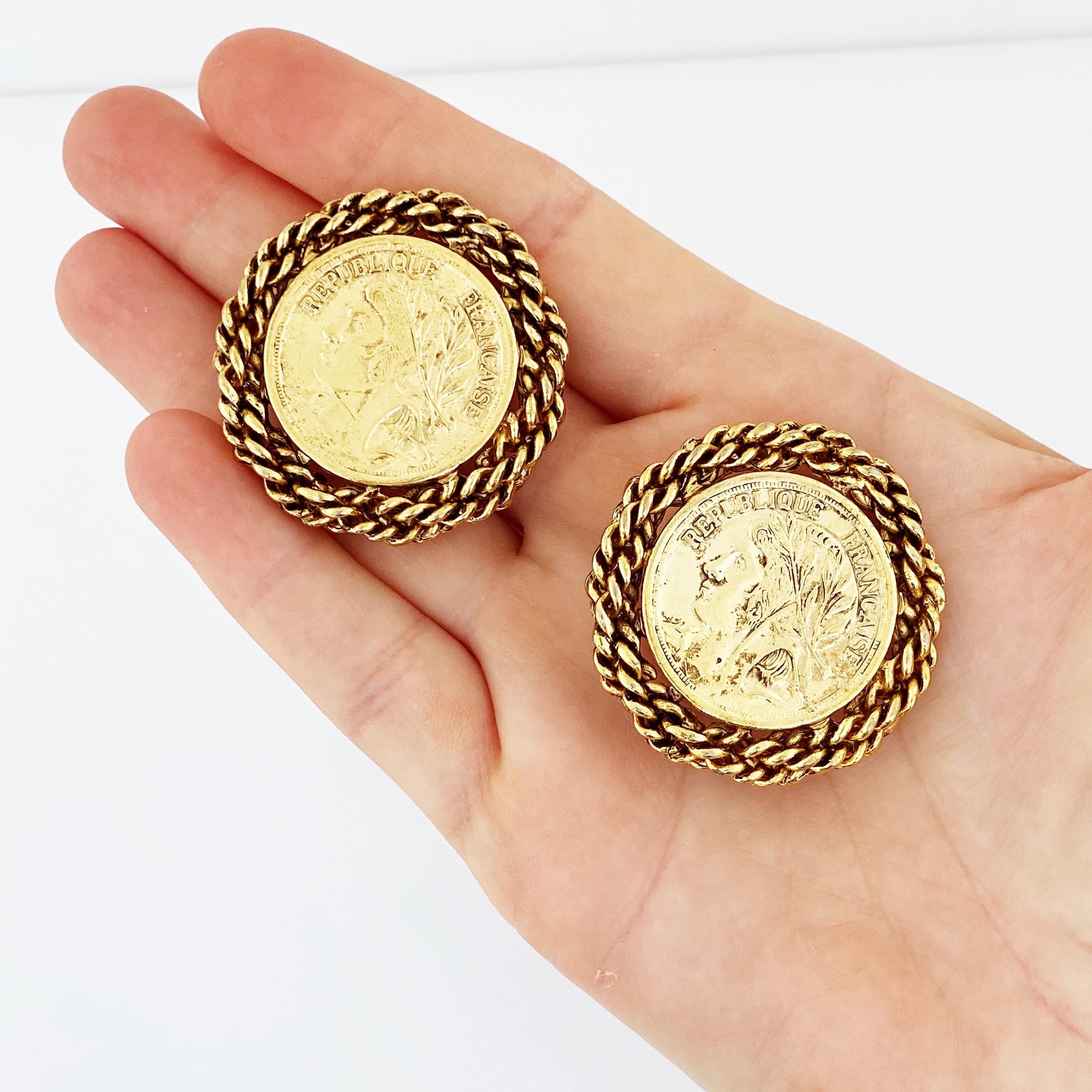 Oversized French Coin Earrings With Rope Chain Halo, 1980s 1